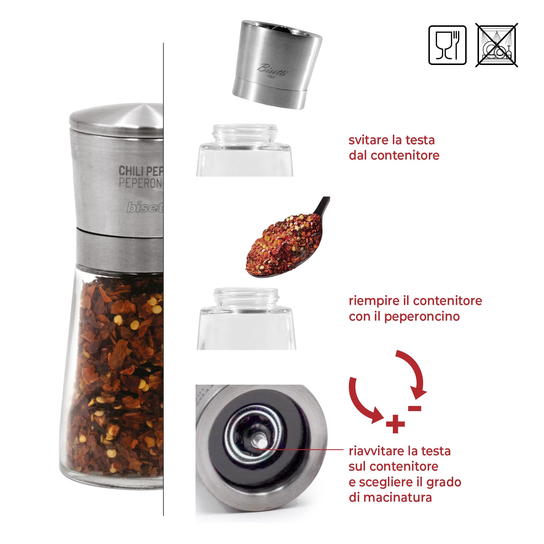 Macina Peperoncino Manuale in Vetro e Acciaio Inossidabile da 14,5 cm, Macina Spezie Manuale La Spezia, Made in Italy, Trita Spezie Resistente, Duraturo e Elegante per la Tua Cucina - BISETTI
