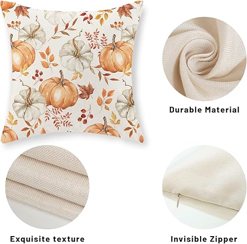 Miniatura 201 de Juego de 2 fundas de almohada de otoño de 18 x 18 pulgadas, hojas de arce de calabaza y búfalo a cuadros, decoración de otoño, de lino, Acción
