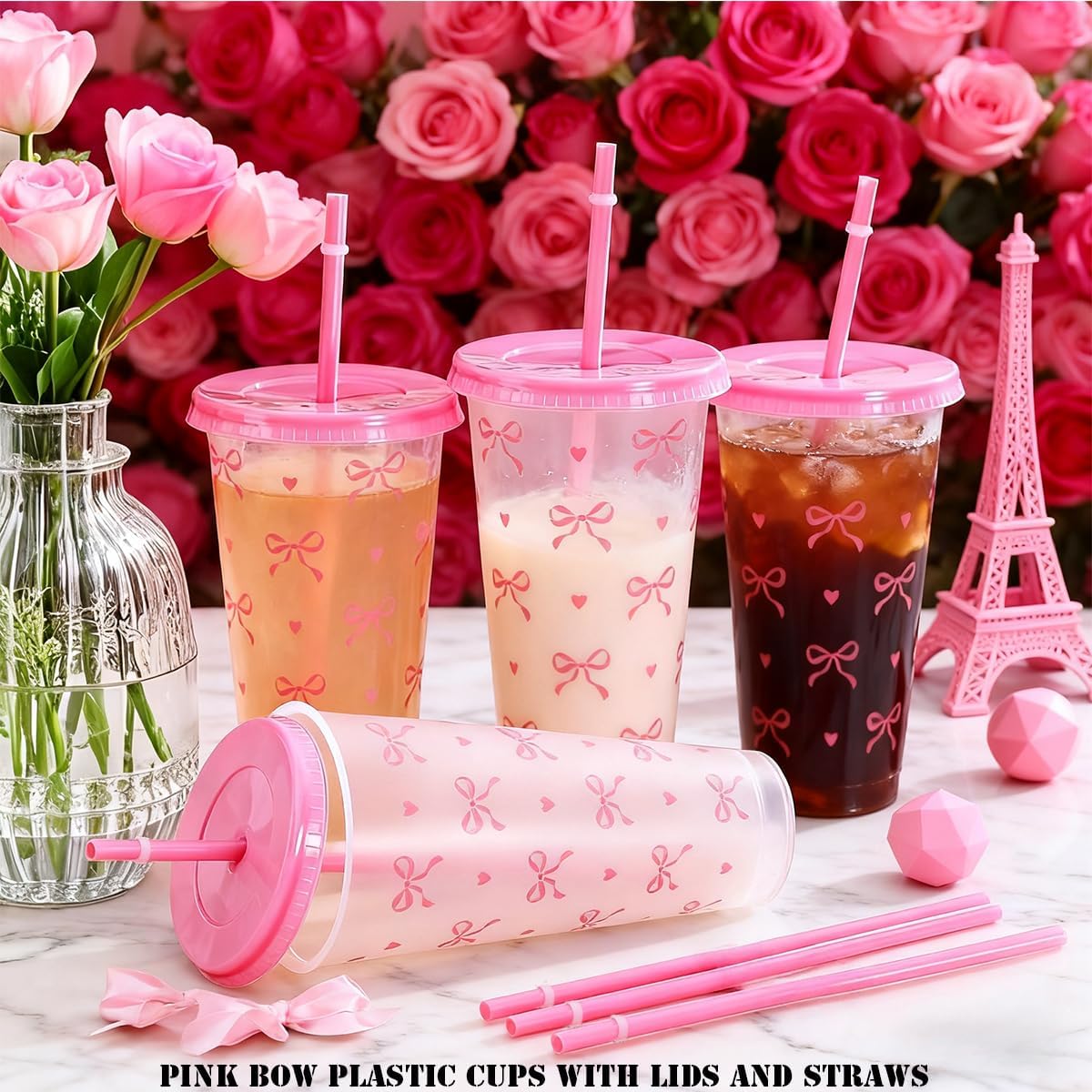 12 Pcs Pink Bow Tumbler Set, 24 oz Reusable Plastic Cups with Lids and Straws, Coquette Aesthetic for Birthday, Bridal Shower, Party, Home Office Decoration Party Favors(24 oz, 12 Count)