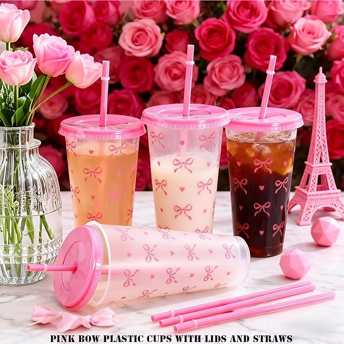 Set de 12 Vasos Plásticos Pink Bow con Tapa y Pajilla, 24 oz miniatura 2