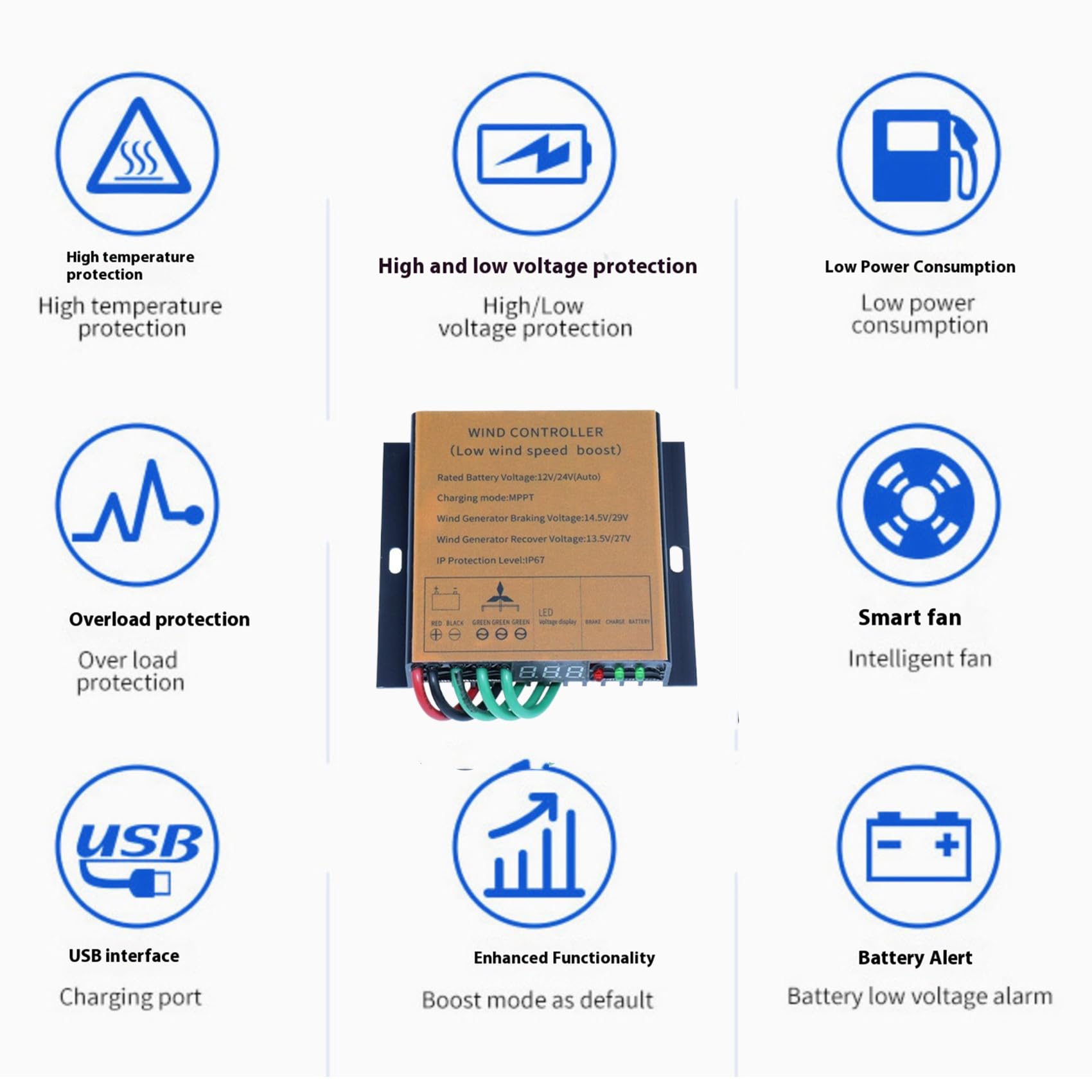 Regulator ładowania wiatrowego o niskiej prędkości rozruchu, 12V/24V z automatycznym wyświetlaczem LCD do systemu generatora wiatrowego 100W-9000W