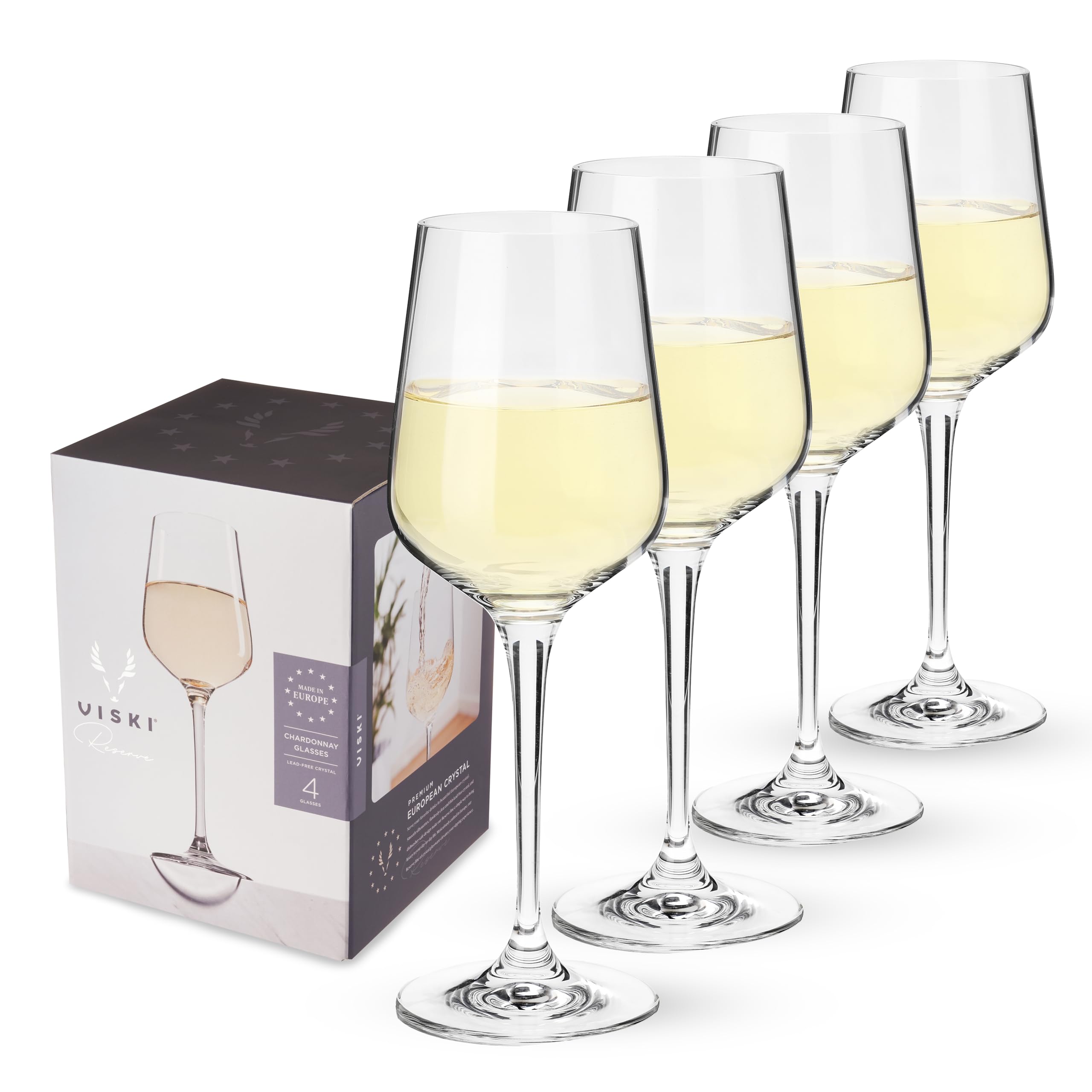 Viski Reserve European Crystal Chardonnay Glasses, 4 Lead-Free Crystal White Wine Glasses, European Made Glassware, Stemmed Wine Glass Set, Set of 4, 15 Ounces