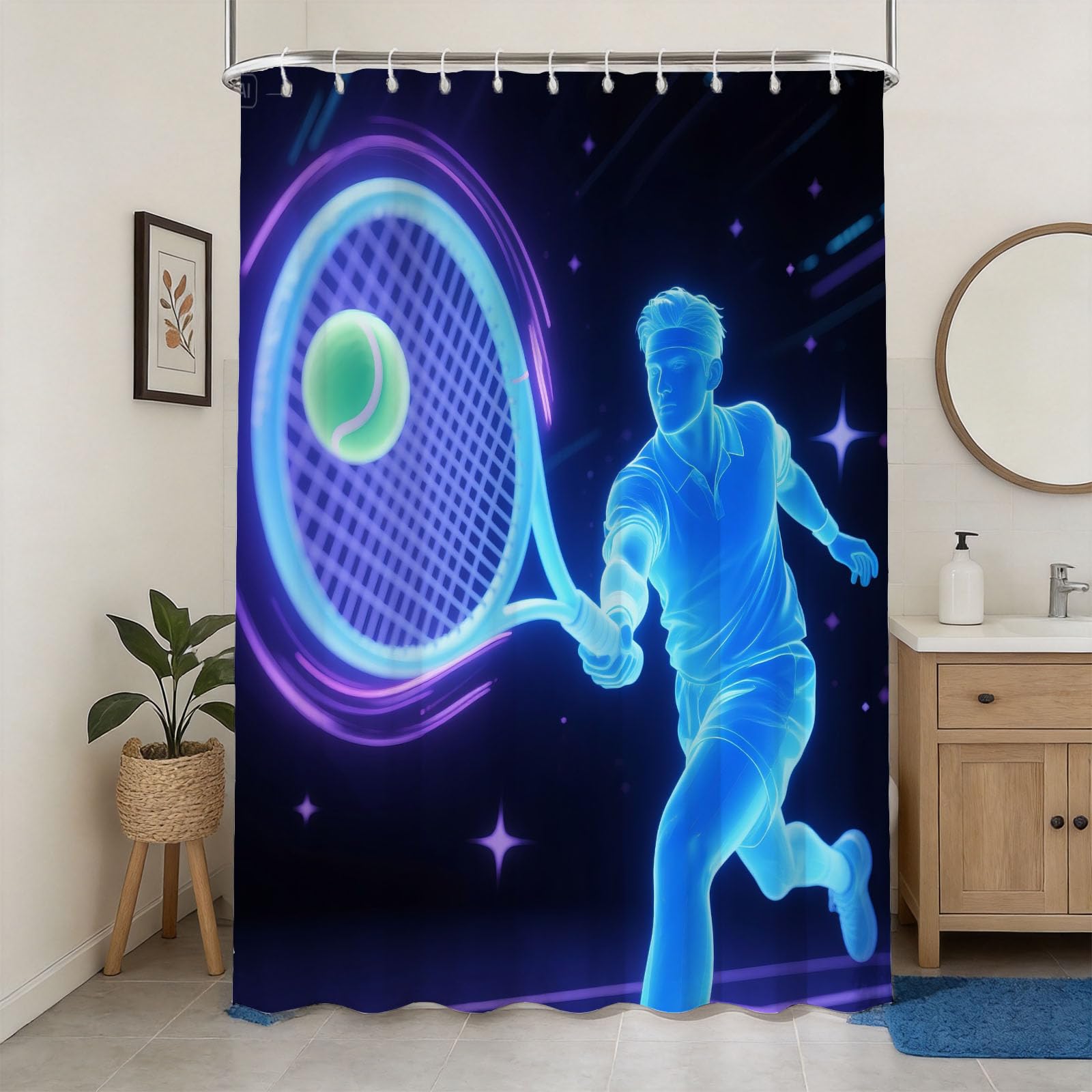 Hongduo 3D Tennis Shower Curtain for Stalls Bathtubs Tennis Bathroom Decor Shower Curtain Set Polyester Fabric Waterproof 180x180cm/71X71 Inch with Hooks