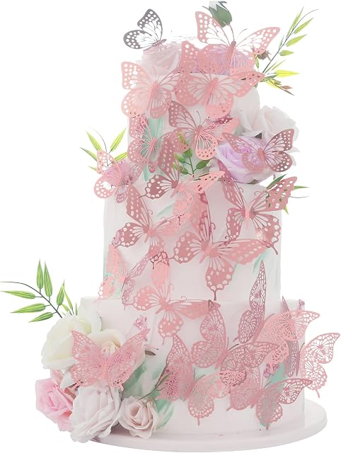 36 Pack Rose Gold Glitter 3D Butterfly Cupcake Toppers Metalic Hollow Butterfly Cake Decorations for Birthday Wedding Fairy Party Butterfly Wall Sticker Decal for Background Wall Decoration