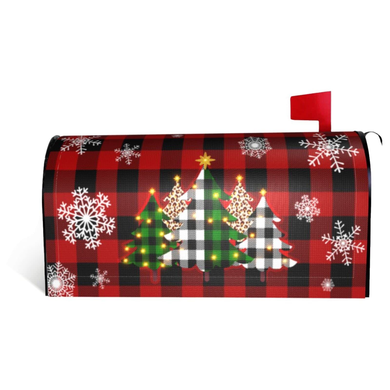 Christmas Tree Mailbox Cover - Magnetic, Buffalo Plaid With Snowflakes, Standard 18"x21" - View #10