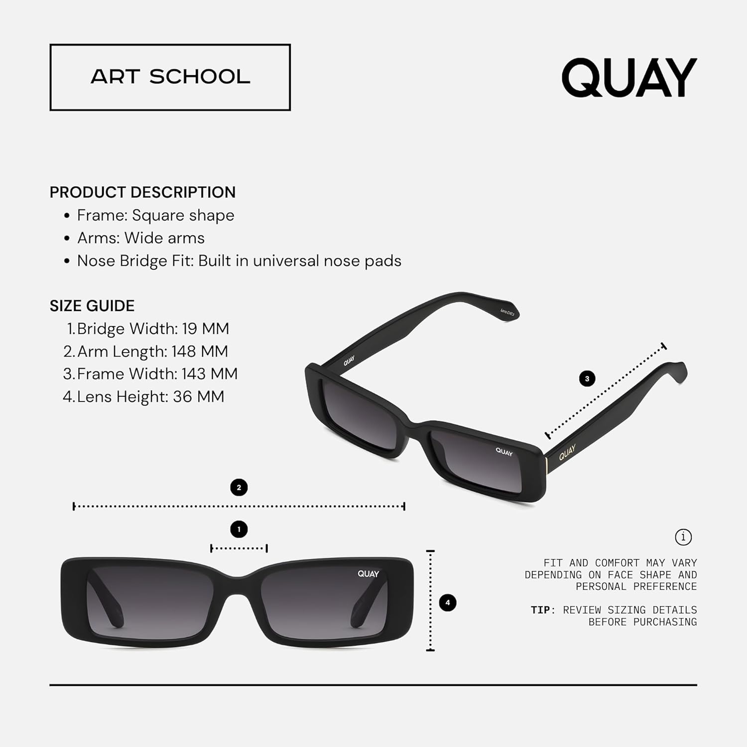 QUAY ART SCHOOL Square Sunglasses for Women + BUNDLE with ACCESSORY EYEWEAR KIT
