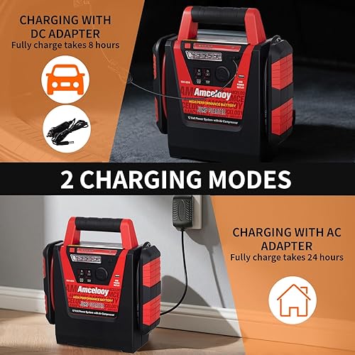 Miniatura 6 de Arrancador de 2000 A con compresor de aire  Amcelooy Batería de coche Arrancador de batería de coche 260PSI Inflador de neumáticos  Arranca 8.0L