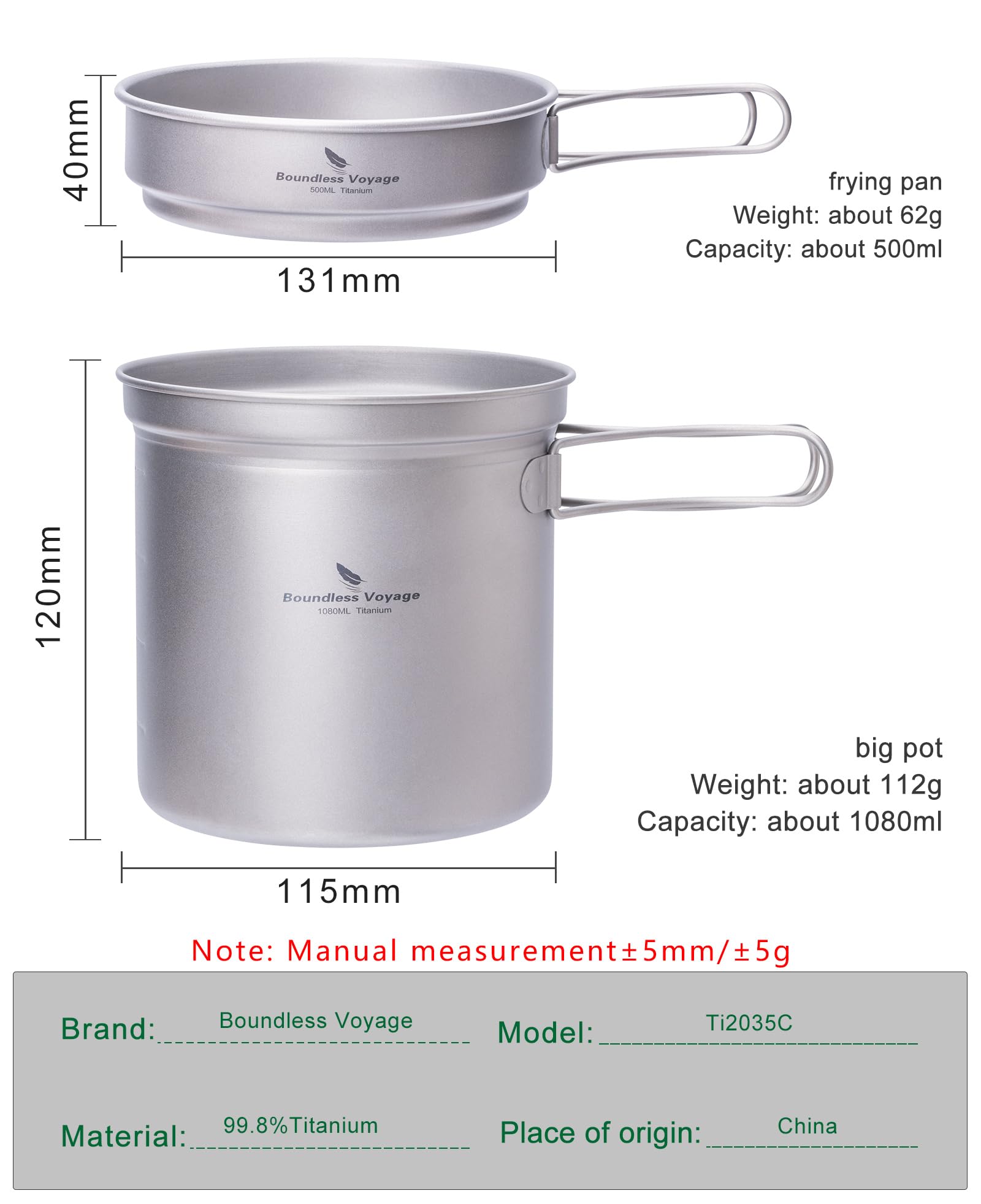 Boundless Voyage Camping Kochgeschirr Set Titantopf Set mit Klappgriff Kochgeschirr für draußen Töpfe Pfannen Bratpfanne Kochgeschirr fürs Picknick