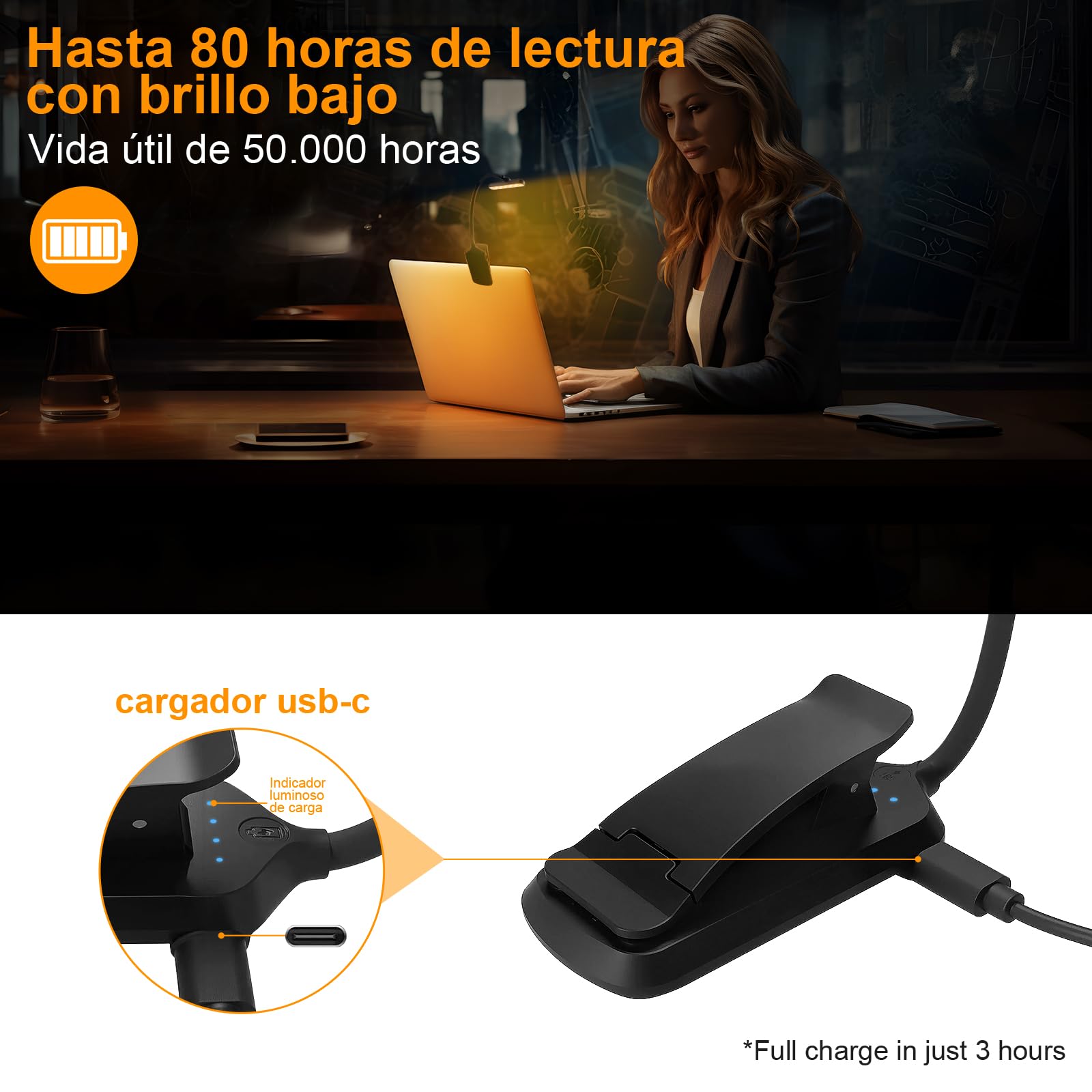 karidi 24 LED Luz de Lectura Recargable 360°, lampara lectura 5 Tonos, USB-C, Pinza para Libros/Tablet, 80H Cuidado Ocular, Regalo Estudiantes/Niños/Ancianos (Sin Deslumbrar) (negro)