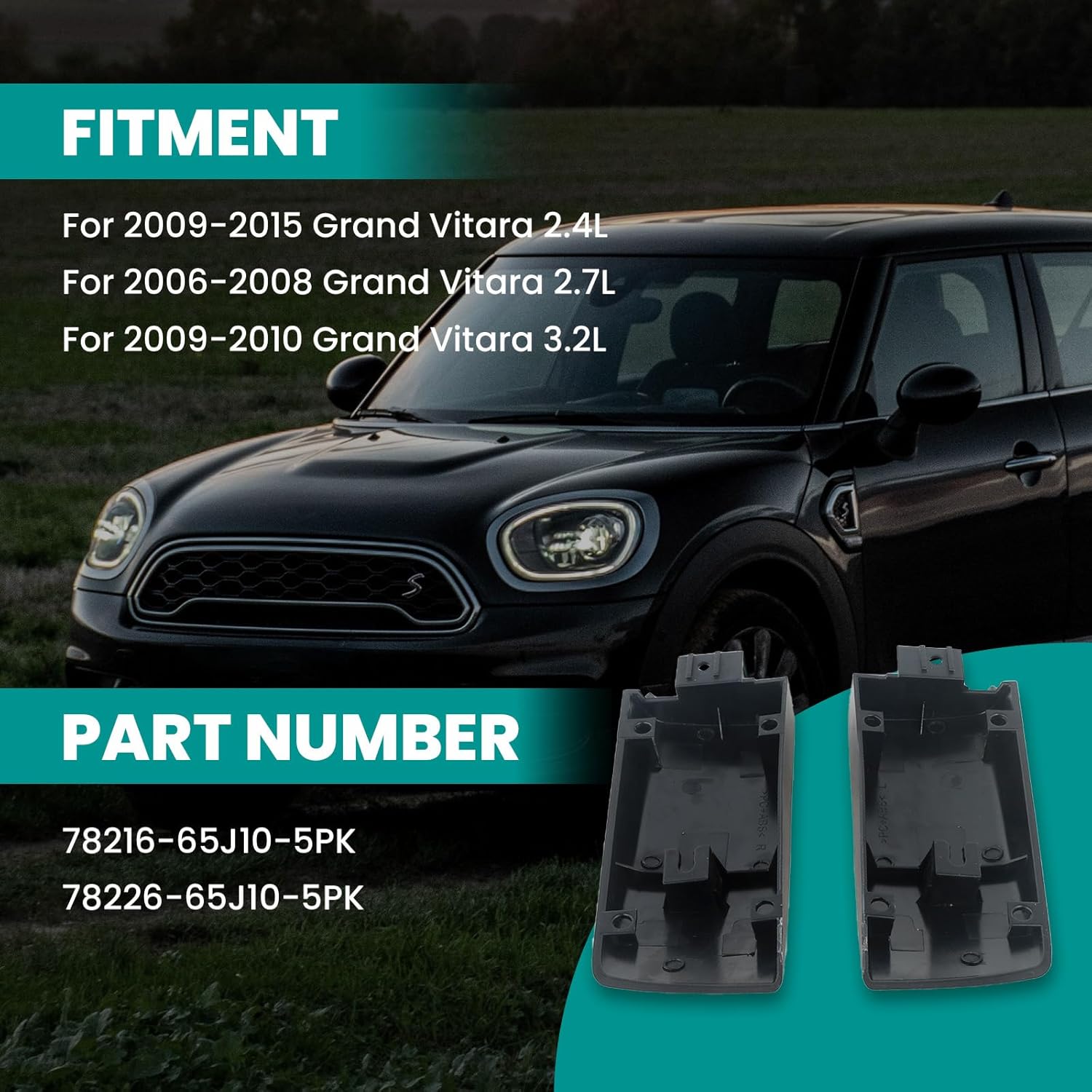 1 Pair Left and Right Roof Rack Cap Rear Grand Vitara for 2006-2015 Grand Vitara Black Replaces 78216-65J10-5PK 78226-65J10-5PK