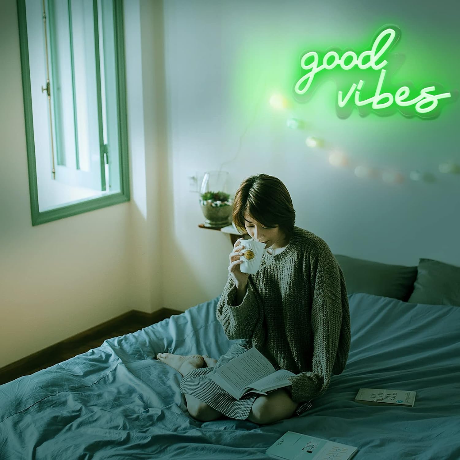 Coconeon Good Vibes Neon Sign, Powered by USB with Switch, Pink LED Neon Signs for Bedroom,Wall Decor,Wedding,Game Room,Party, Bar Decor-16.1 * 8.2"-Green