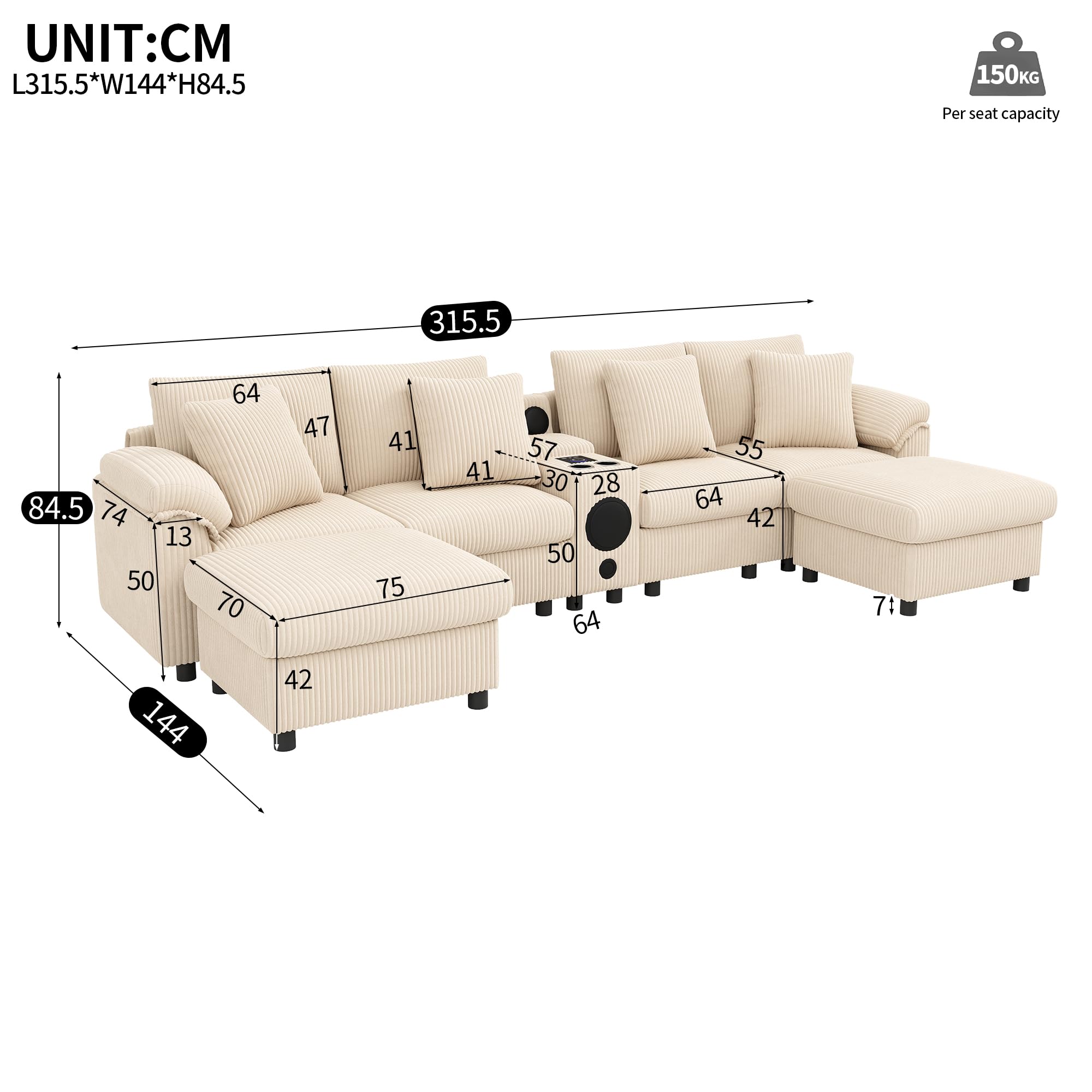 Sofá modular de pana en forma de U y L con consola, sofá esquinero con espacio de almacenamiento, portavasos y cojines, color beige