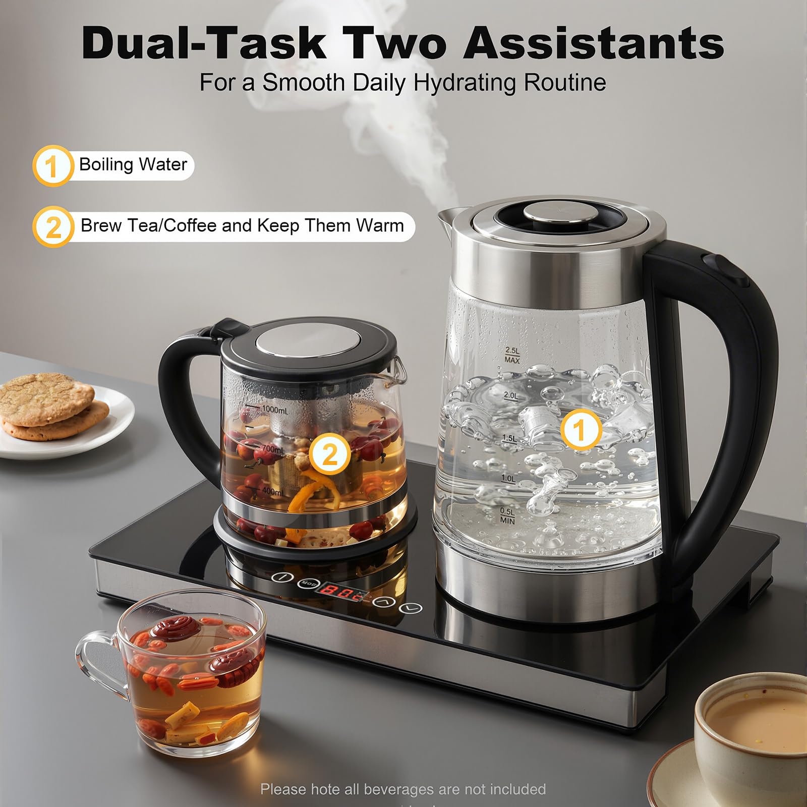 Hervidor eléctrico de 2,5 L + 1 L de acero inoxidable y cristal con función de mantenimiento del calor, colador de té y pantalla táctil LCD, 1500 W, apagado automático