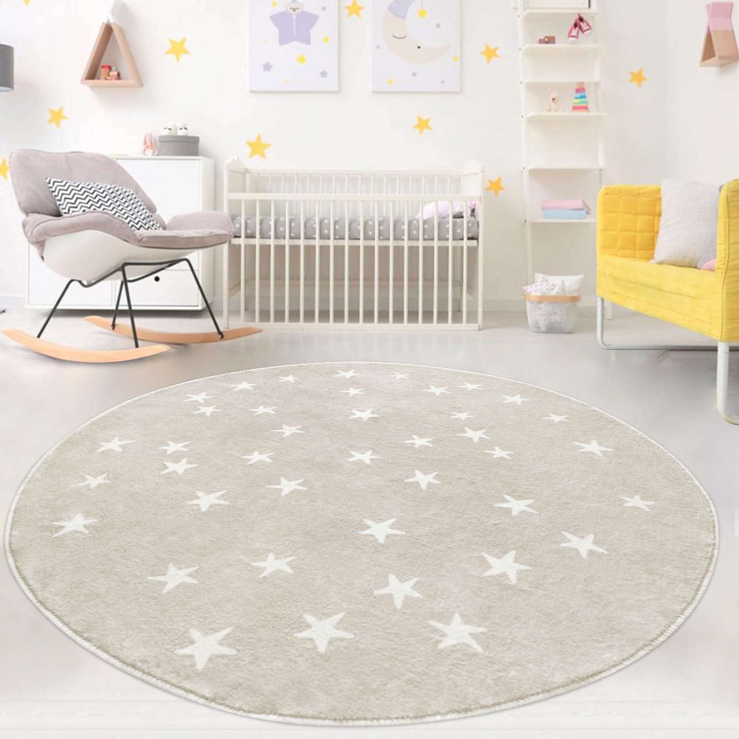 Poowe Stars Round Rug for Kids Room - 3.3 FT Alphabet Super Soft Non Slip Nursery Rug - Bedroom Playroom Washable Classroom Circle Rug for Kids Baby Toddlers - Beige