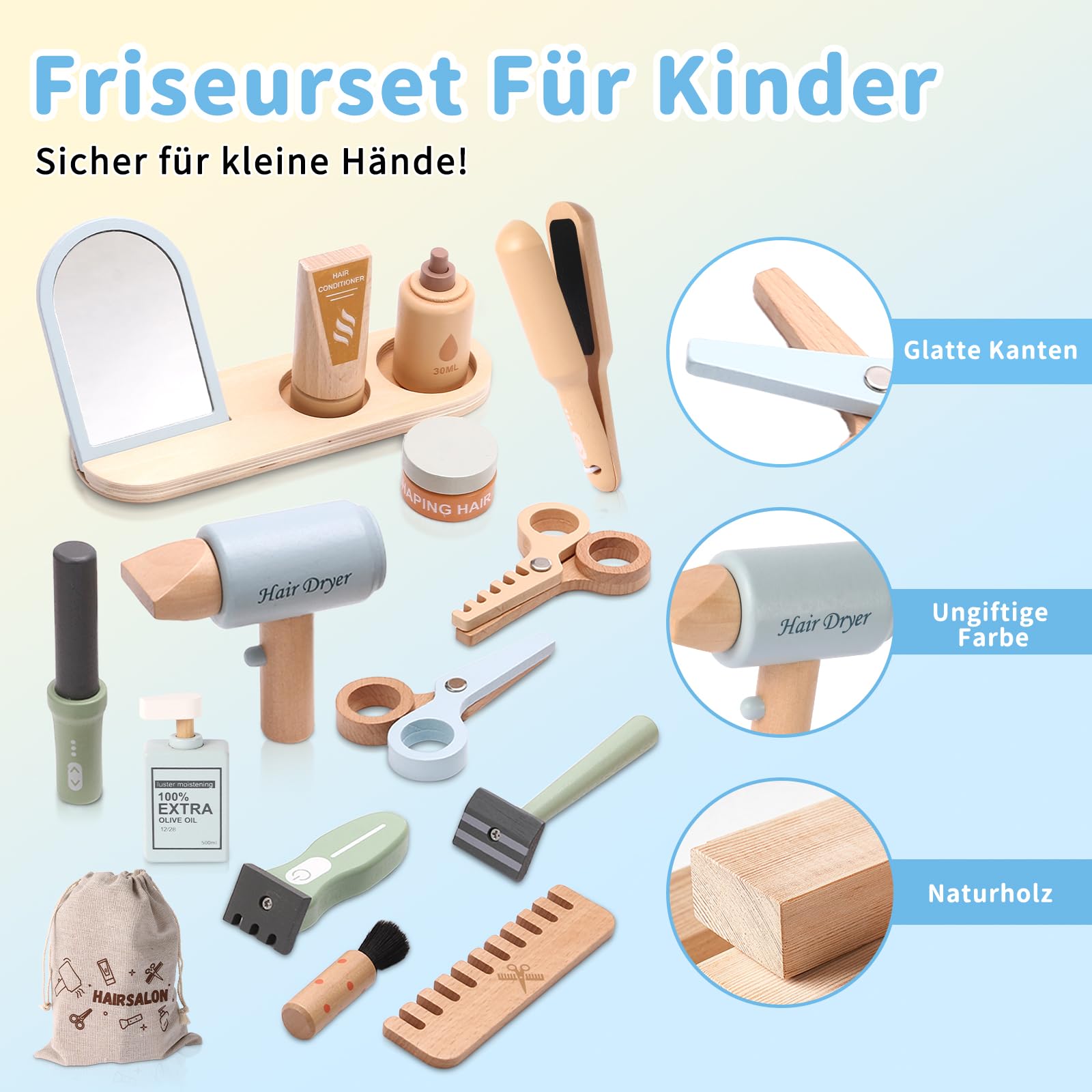 FIIOEOY Holz Friseur Set Kinder, Frisör Spielzeug mit Haartrockner, Lockenstab, Kamm & Rasierzubehör, Friseur Zubehör Rollenspiel Holzspielzeug Geschenk für Mädchen Jungen ab 3 4 5 Jahre