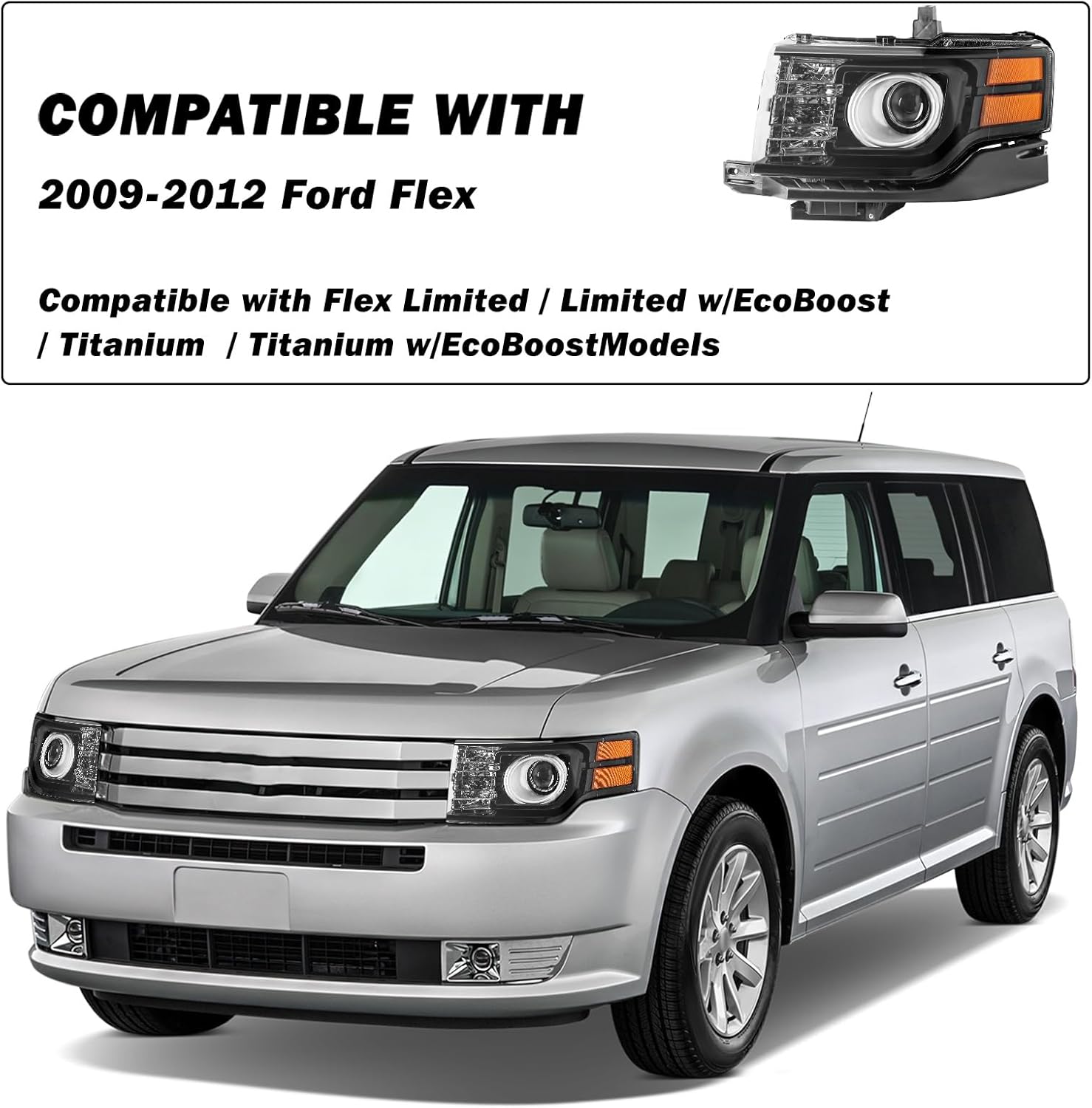 SOCKIR HID Headlight for 2009-2012 Ford Flex OE Style Headlamp Right Passenger& Left Driver Side Black Housing with Amber Reflector