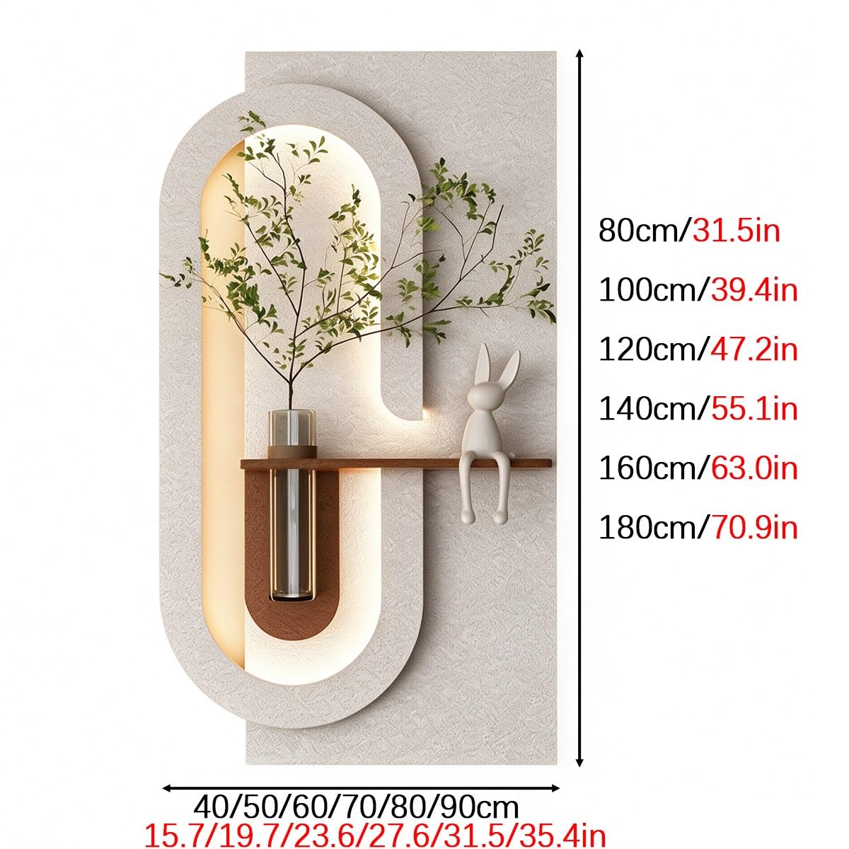 GCXNSKDQN Decoración de pared en arenisca 3D con luces LED y jarrón. | Decoración de estilo cremoso, ambiente LED, para sala de estar, dormitorio, pasillo, restaurantes y estudios.(A,27.6*55.1")
