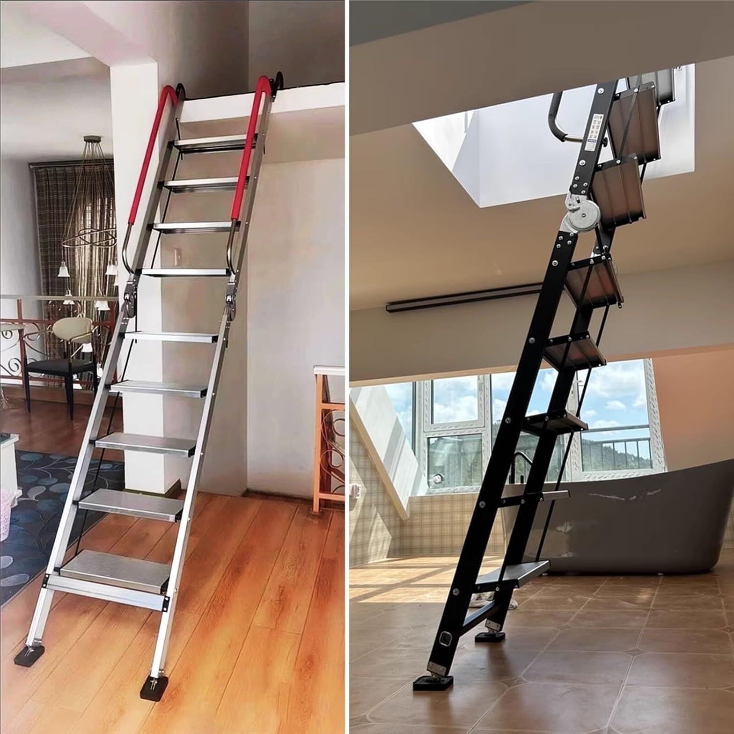 Extension Ladders Attic Ladder Heavy Duty Loft Stairs Ladders with Anti Slip Hook and Feet, Collapsible Loft Compact(Black)