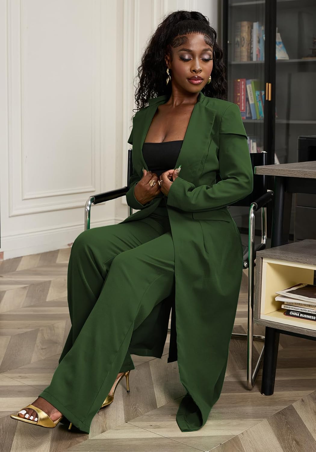 Famnbro Womens Suits 2 Piece Set Long Blazers Jacket Lapel and Straight Leg Pants Business Outfits - Image 3