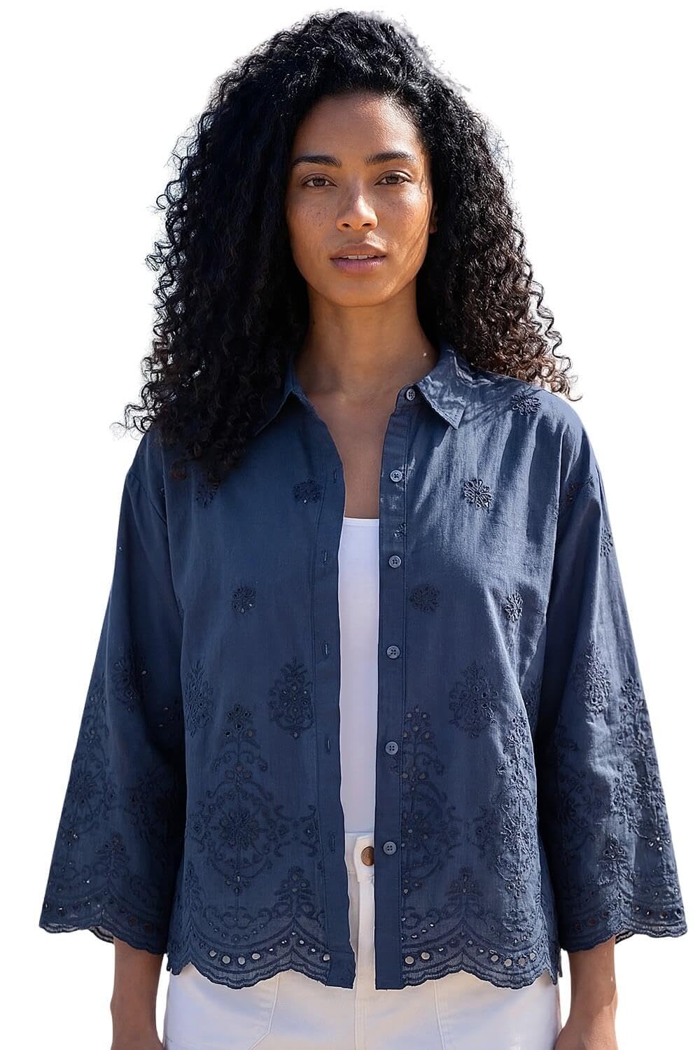 Roman Originals Women's Navy Roman Cotton Broderie Anglaise Shirt For Uk - Spring Everyday Summer Holiday V-Neckline Comfy Long Sleeve Soft Pocket Detail Blouse Vacation Tops - Size 12