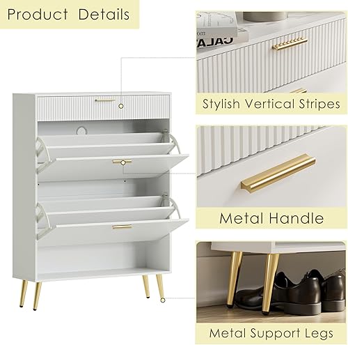 Miniatura 5 de Acodaiuy Gabinete de almacenamiento de zapatos con 2 cajones abatibles, organizador de zapatos de pie para entrada, color blanco