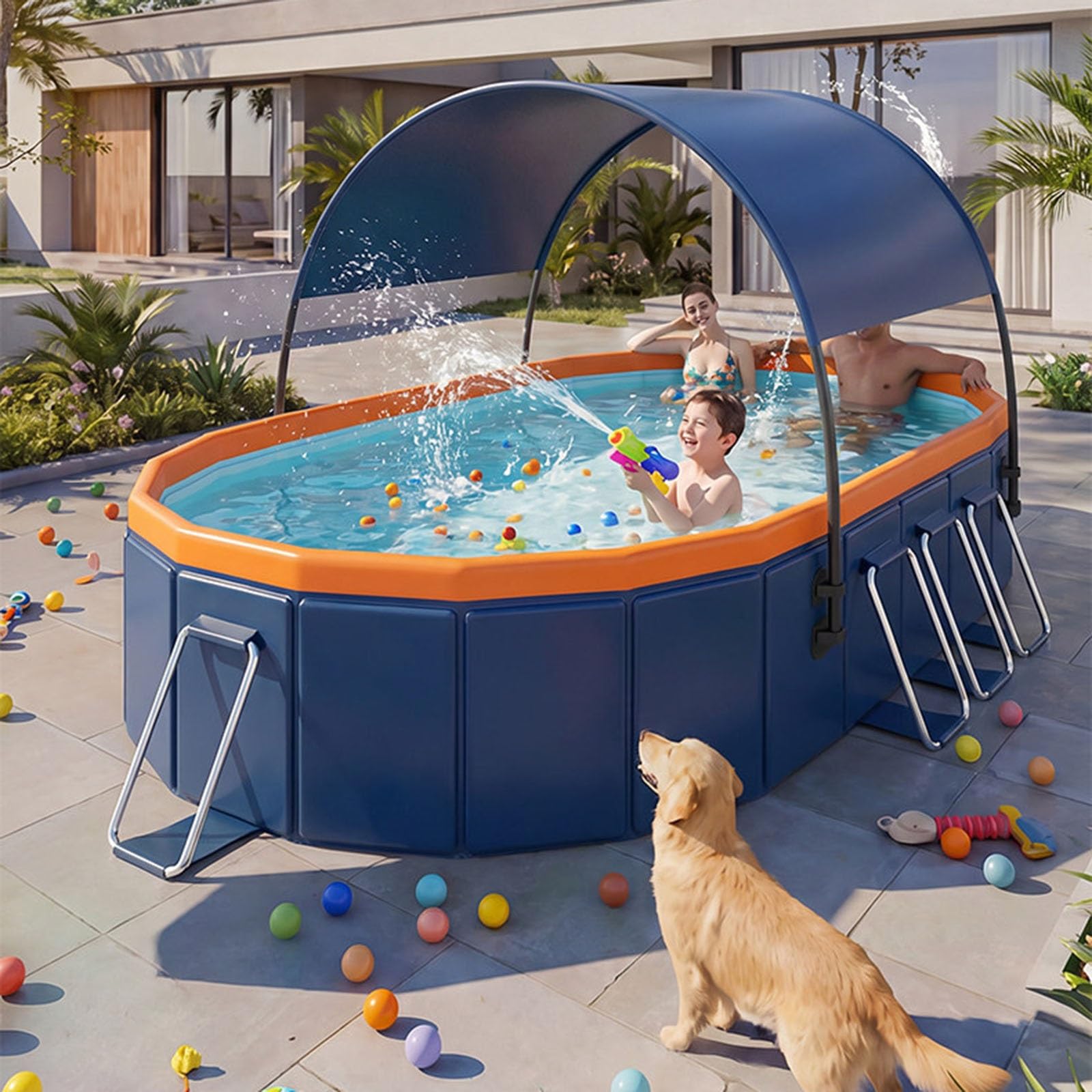 Piscina Pieghevole Piscina Ovale Da 170-348 Cm Pieghevole Per Esterni Fuori Terra Con Vasca Idromassaggio Ideale Per Famiglie E Adulti(348 * 172 * 52cm)
