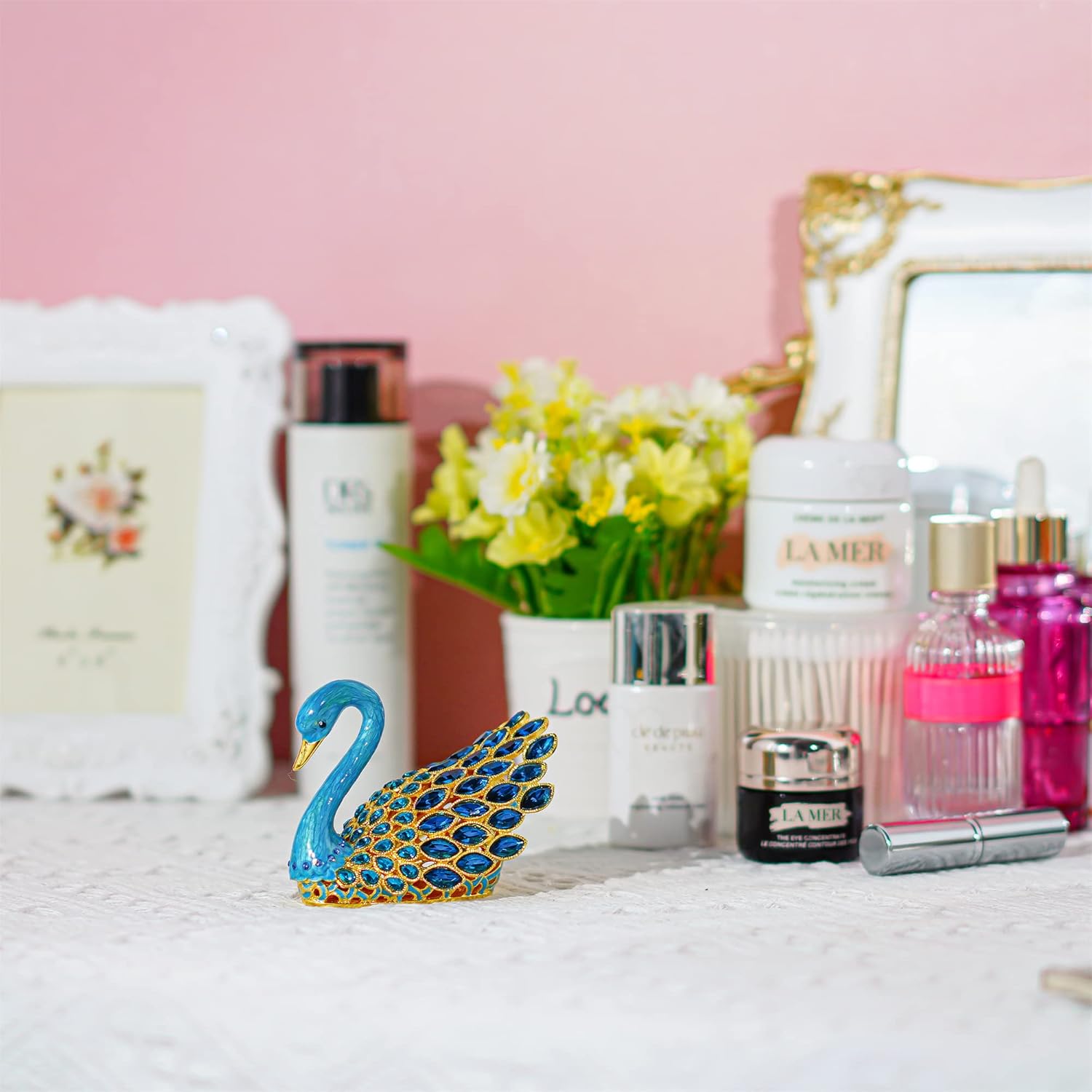 YU FENG 3.7inch Enamel Blue Gems Swan Trinket Box Hinged Hand-Painted Jewelry Storage Ring Holder Keepsake Box Animal Figurine Collectible Wedding Favor Christmas Gift - Image 3