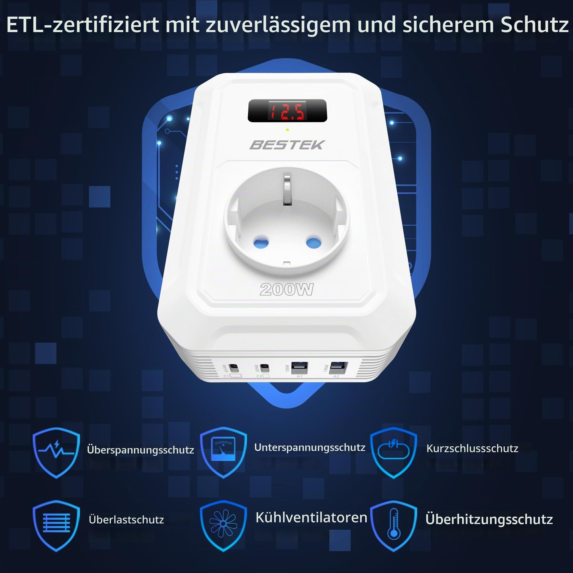 BESTEK 200 W Spannungswandler 12 V auf 240 V 230 V AC Auto-Wechselrichter, mit 3-pin Steckdosen, 2 18-W USB und 2 USB-C Anschlüssen Zigarettenanzünderstecker, von Laptops, iPhones, und mehr, Weiß
