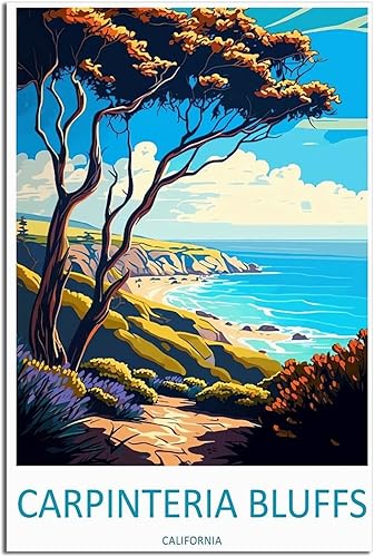 Carpinteria Bluffs California - Póster de viaje vintage de paisaje de 08 x 12 pulgadas (7.9 x 11.8 in), lienzo artístico y lienzo para pared, póster