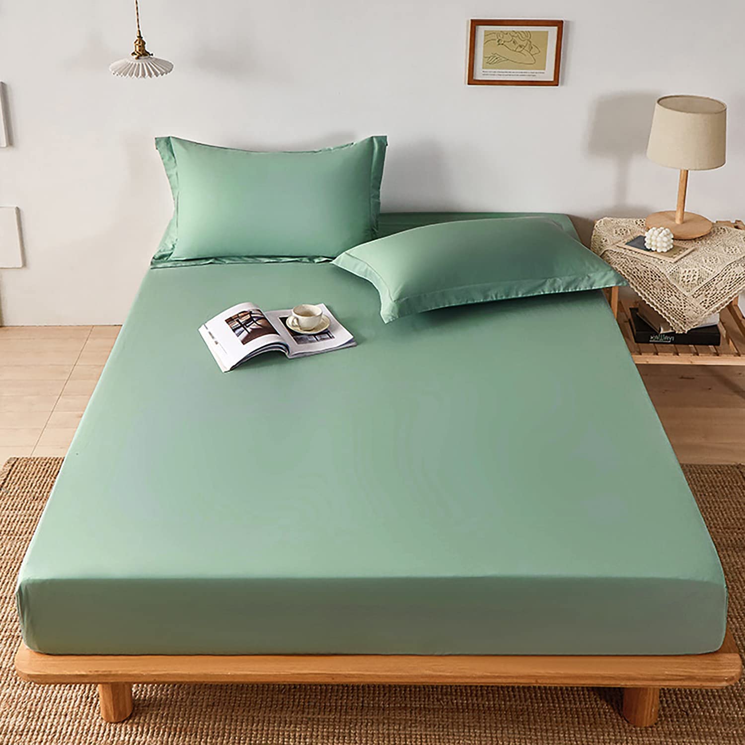 Lirex Lenzuolo Piatto, 150 x 200 cm 100% Cotone 300 Fili Morbido Traspirante Fitted Sheet, Verde Chiaro
