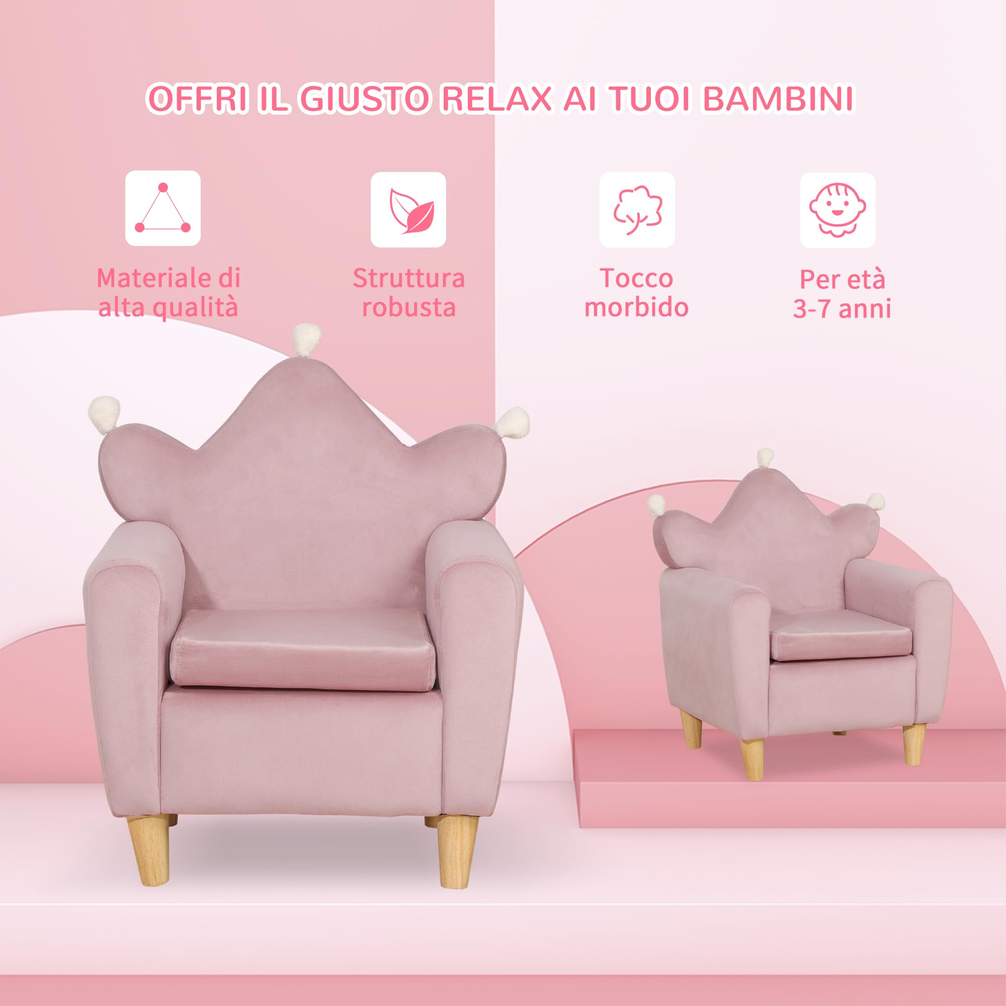 HOMCOM Poltrona per Bambini con Schienale a Corona e Imbottitura Spessa, Poltroncina per Bambini in Tessuto Effetto Velluto e Legno, 50.2x41.9x57.8 cm, Rosa