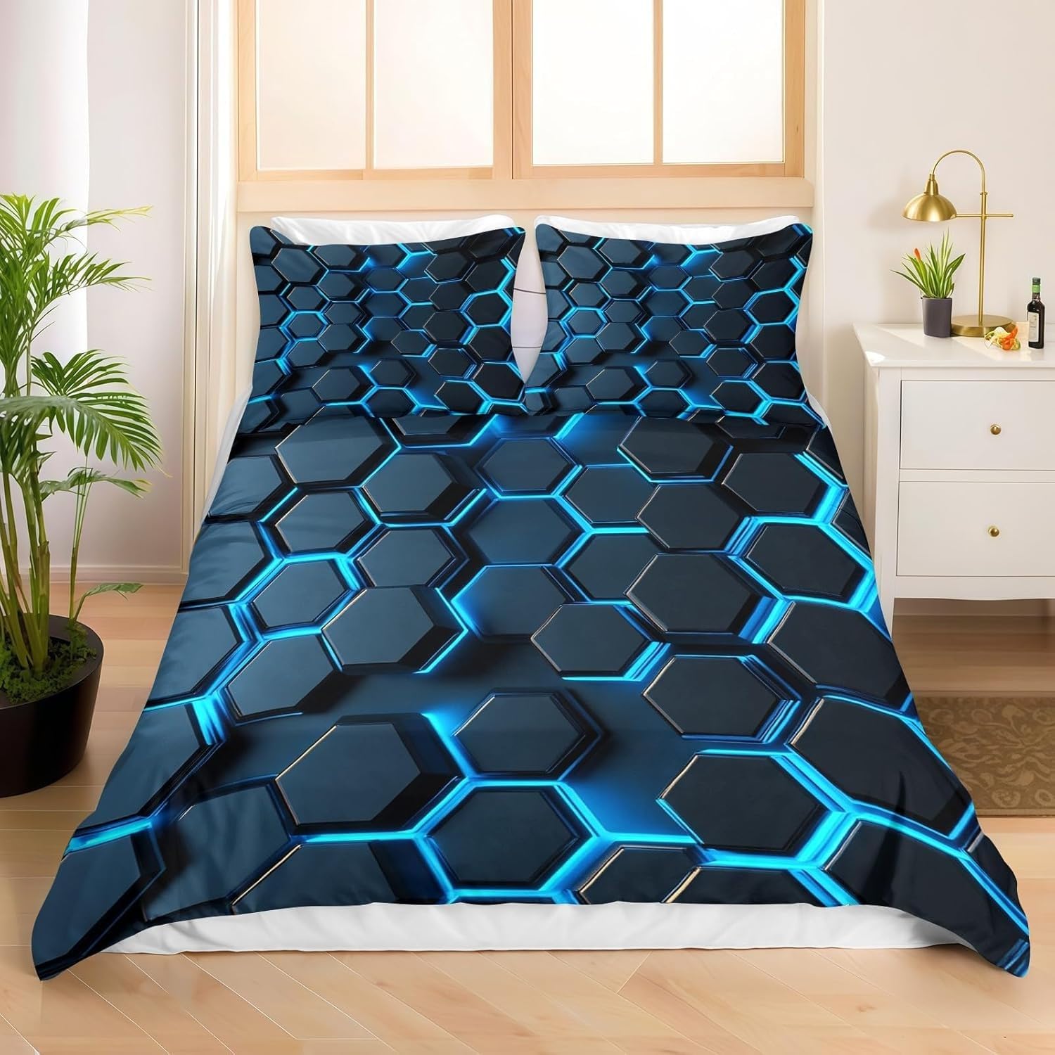 Poszwa na kołdrę 240 x 220 z plastrem miodowym geometryczna 3-częściowa poszwa na kołdrę z mikrofibry Miękkie odwracalne poszewki na kołdrę + 2 poszewki na poduszki 50 x 75 cm z zamkiem błyskawicznym