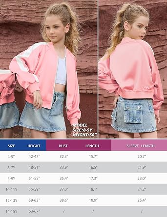 Perfashion サテン ボンバージャケット 女の子用 ジップアップ バーシティ クロップドコート キラキラ ウインドブレーカー ポケット付き 4-13歳