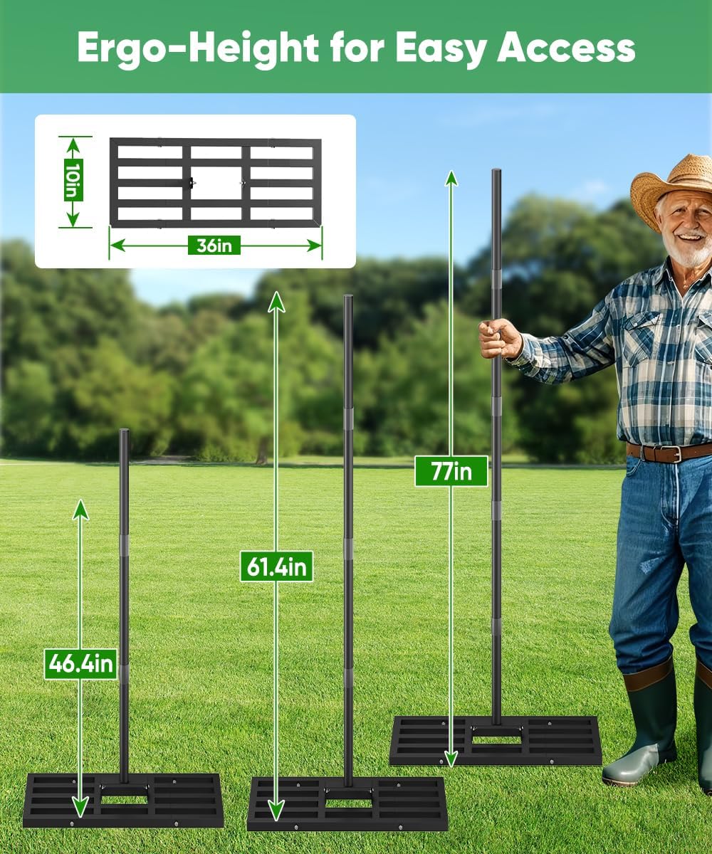 Lawn Leveling Rake 44x10 inch, Heavy Duty Reinforced Lawn Leveler Tool, Garden Landscape Rake with 77" Adjustable Handle, Yard Ground Leveler for Backyard, Garden, Golf Course, Farm, Pasture