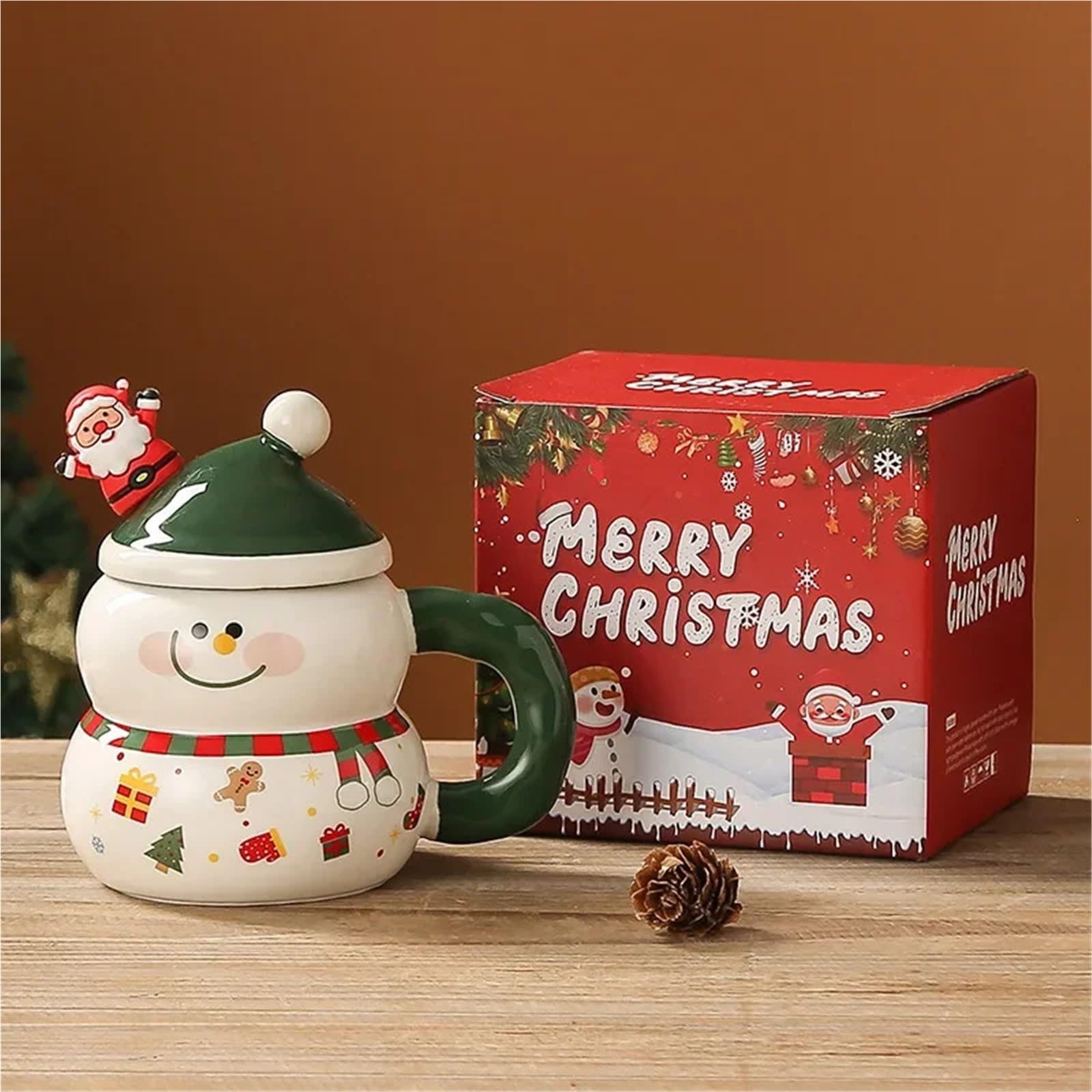 400ML Keramik Becher Weihnachten Schneemann Weihnachten Tasse Mit Deckel Griff Paar Milch Kaffee Tasse for Zuhause für Kaffee(Green02)