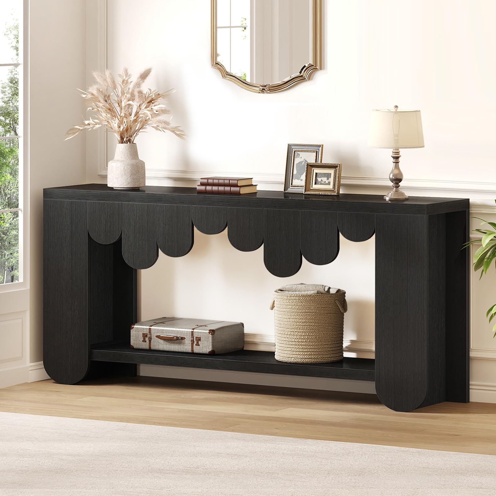 IBF Black Console Table, 63” Long Wood Entryway Table with Storage, 2-Tier Modern Sofa Table Behind Couch for Home Living Room, Rectangular Entry Table for Hallway Entrance Foyer Front Door, Black Oak