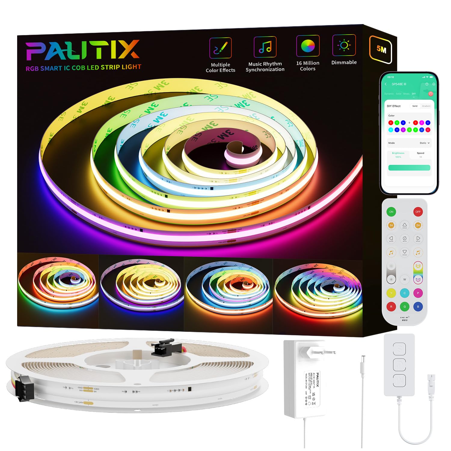 PAUTIX WIFI RGB Smart IC COB LED Streifen Kit 5M,24V Pixel Adressierbare Regenbogen Farbwechselnde LED Band Smart Funktion mit Alexa und Netzteil für DIY Beleuchtung Projekte