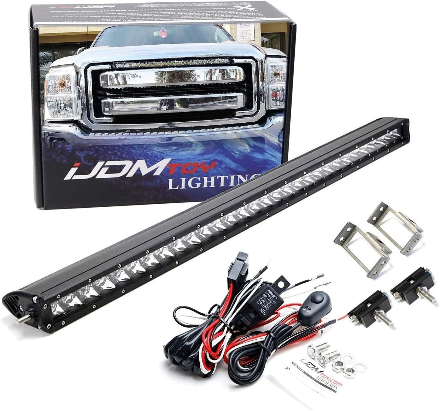 iJDMTOY Upper Grille Mount 30-Inch LED Light Bar Kit Compatible with 2011-2016 Ford F250 F350 Super Duty, Includes (1) 150W High Power LED Lightbar, Grill Mounting Brackets & On/Off Switch Wiring