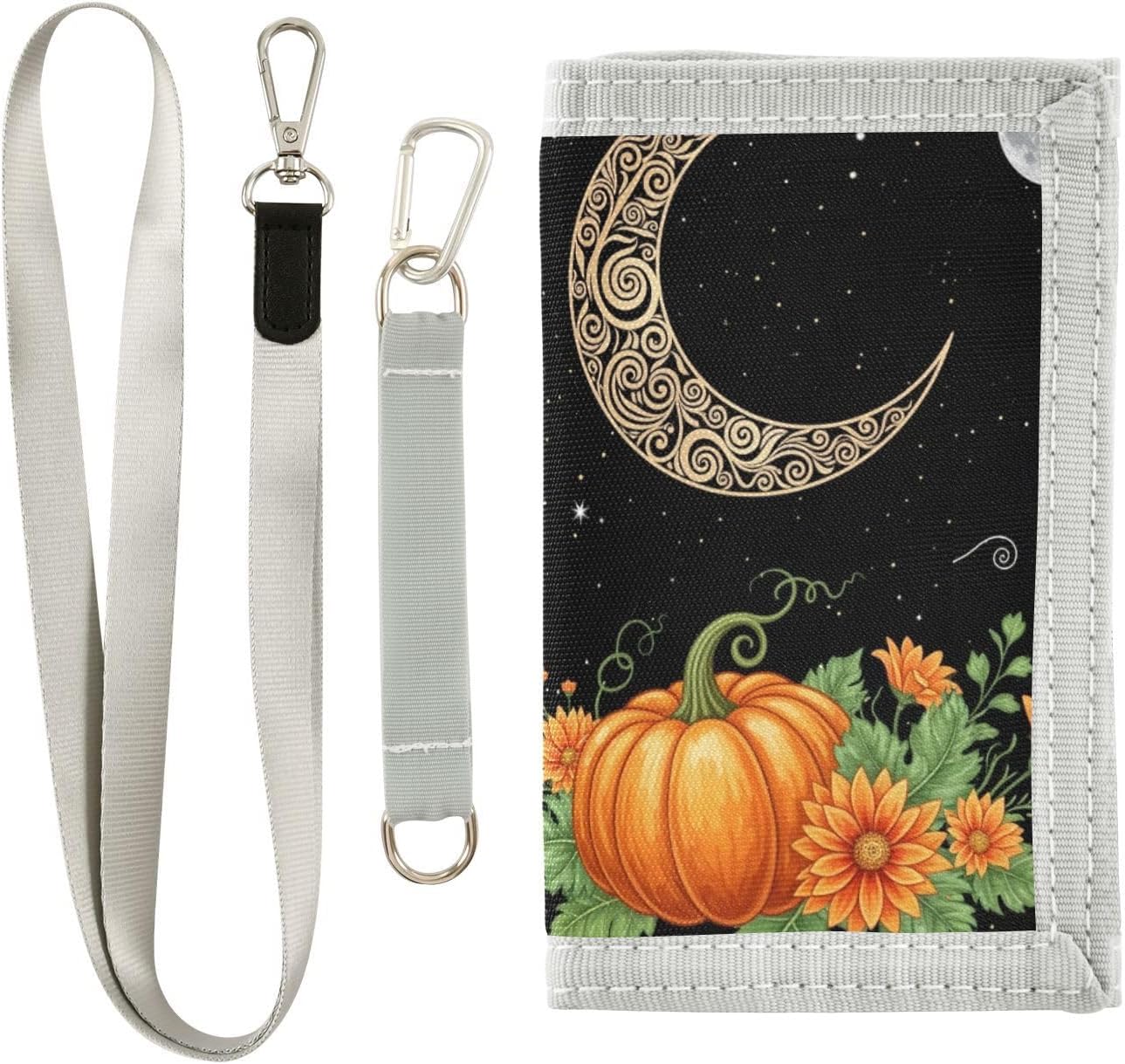 Kids Wallets Pumpkins Crescent Moon Floral Night Sky Trifold Wallet Personalized Wallet with Coin Pocket Card Holders for Outdoor Travel Birthday Christmas