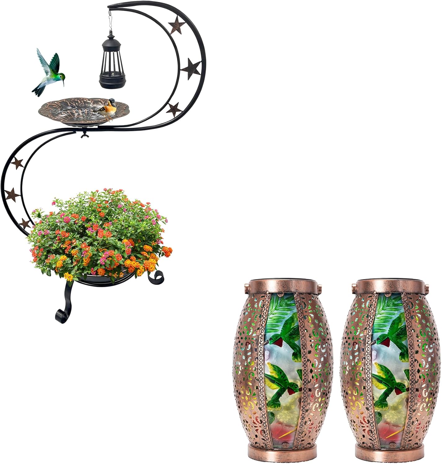 Metal Solar Bird Bath for Outdoors+2PC Hummingbird Solar Lantern Outdoor Waterproof Standing Birdbaths with Flower Planter Large Glass & Metal Hanging Light Garden Yard Decor Decor Gifts