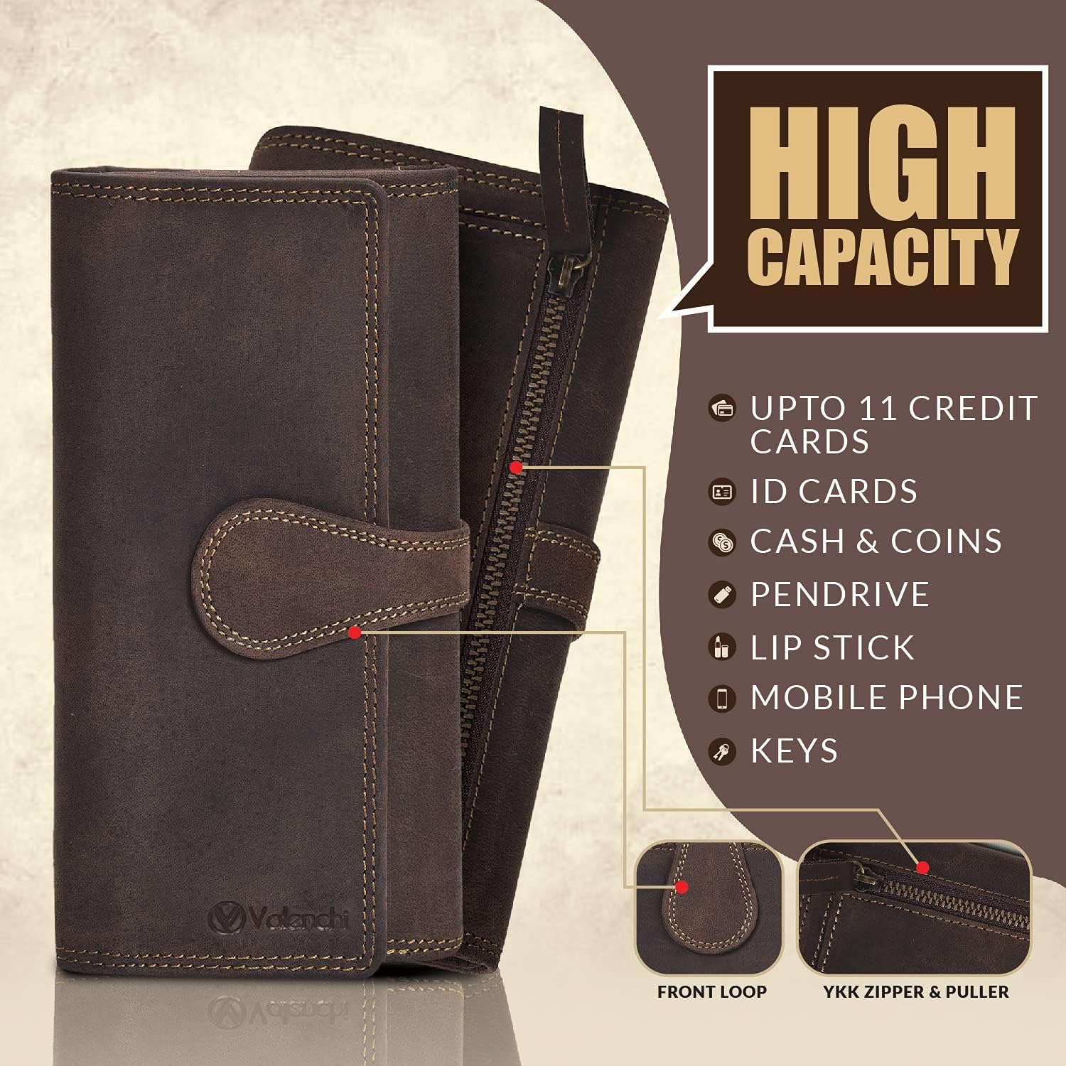 VALENCHI Women's Leather Wallet - RFID Blocking Wallet - Ladies Clutch Hand Purse With Card Holder Slots (Brown Crazy Horse LW01) - Image 4