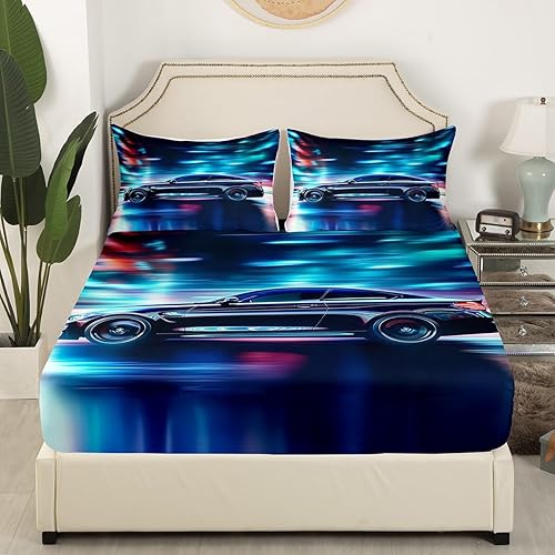 Miniatura 3 de Juego de sábanas bajeras de coche de carreras, tamaño individual, para niños y niños, juego de ropa de cama de coche deportivo de velocidad fresca