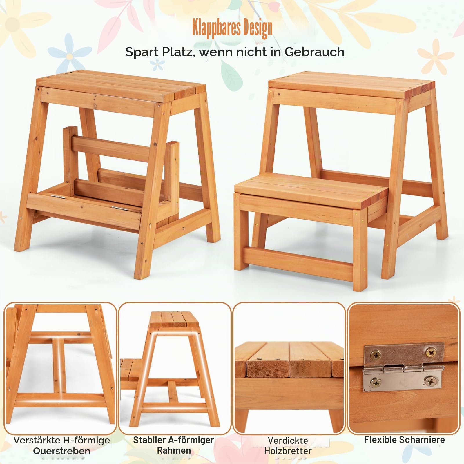 GIANTEX Klapptritt mit 2 Stufen, Tritthocker aus Tannenholz, Pflanzenständer aus Tannenholz, Klapphocker für Kinder, Erwachsene, maximale Belastung 250 kg, 50 x 39 x 45 cm, Natur