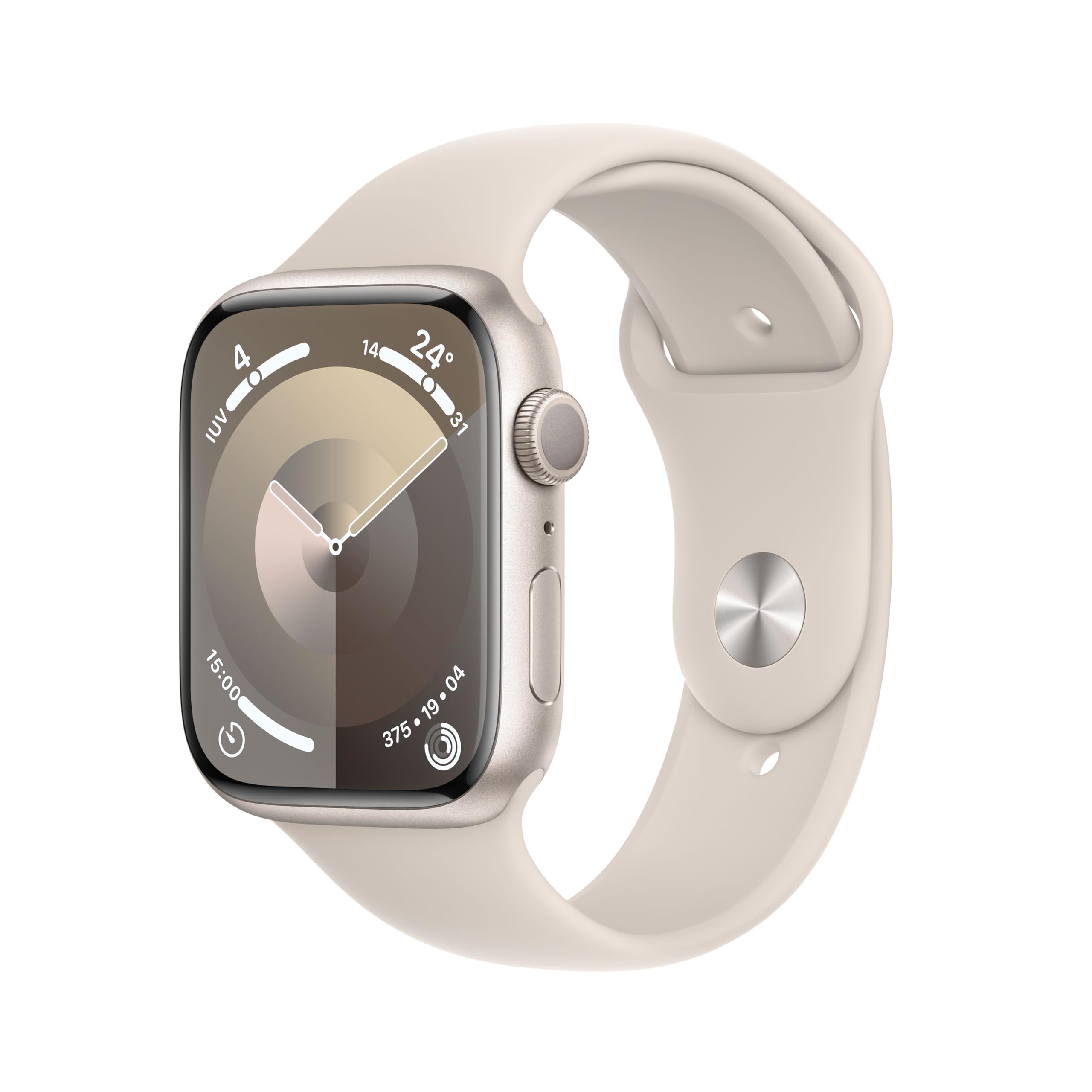 Apple Watch Series 9 [GPS, 45mm] - Starlight Aluminium Case with Starlight Sport Band, S/M (Renewed)