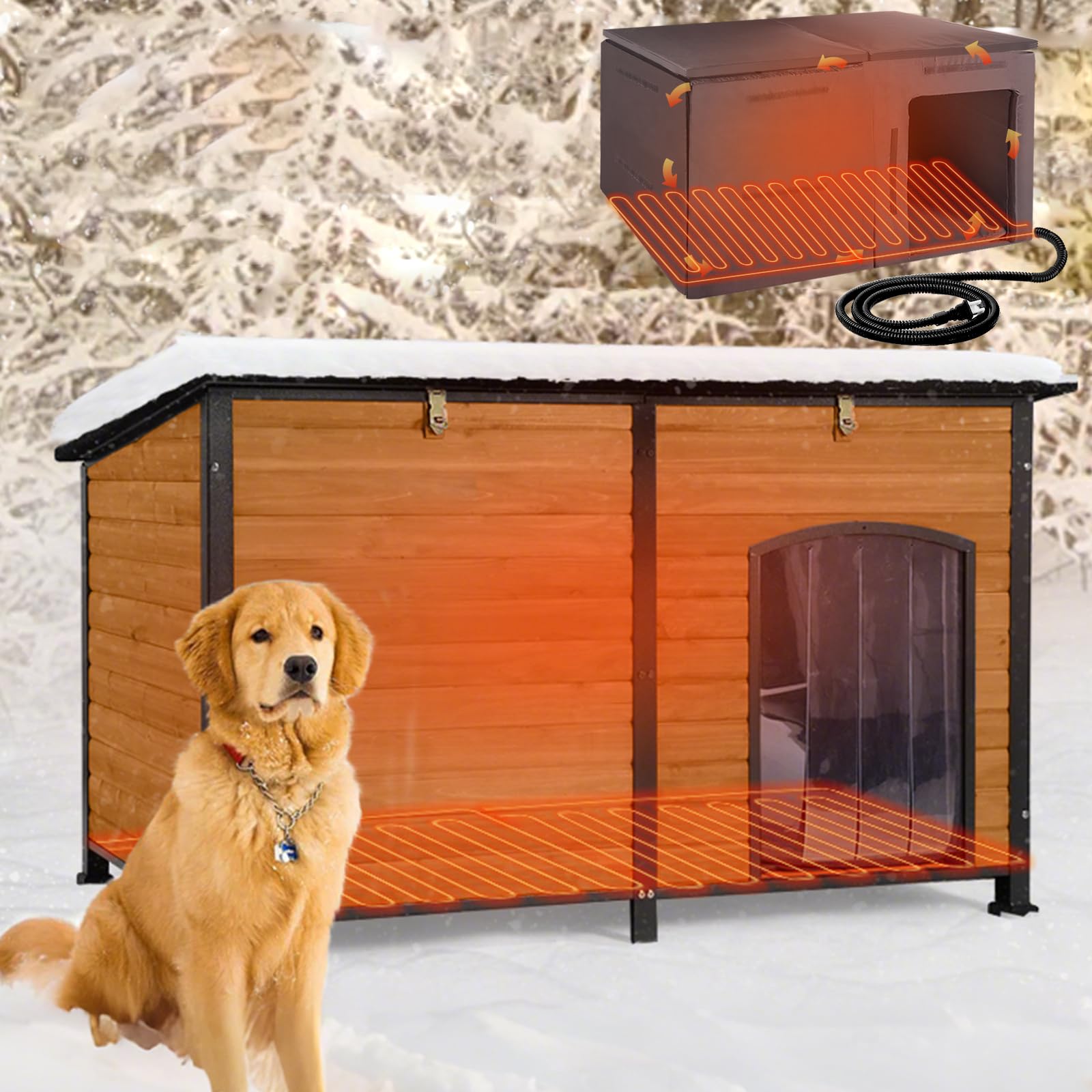 Aivituvin Heated Dog House Outdoor Extra Large 59" Dog Kennel with Insulation Liner Strong Iron Frame Construction Pet Cage with Insulted Liner Keep Warm in Winter Weatherproof Design, Heater Include