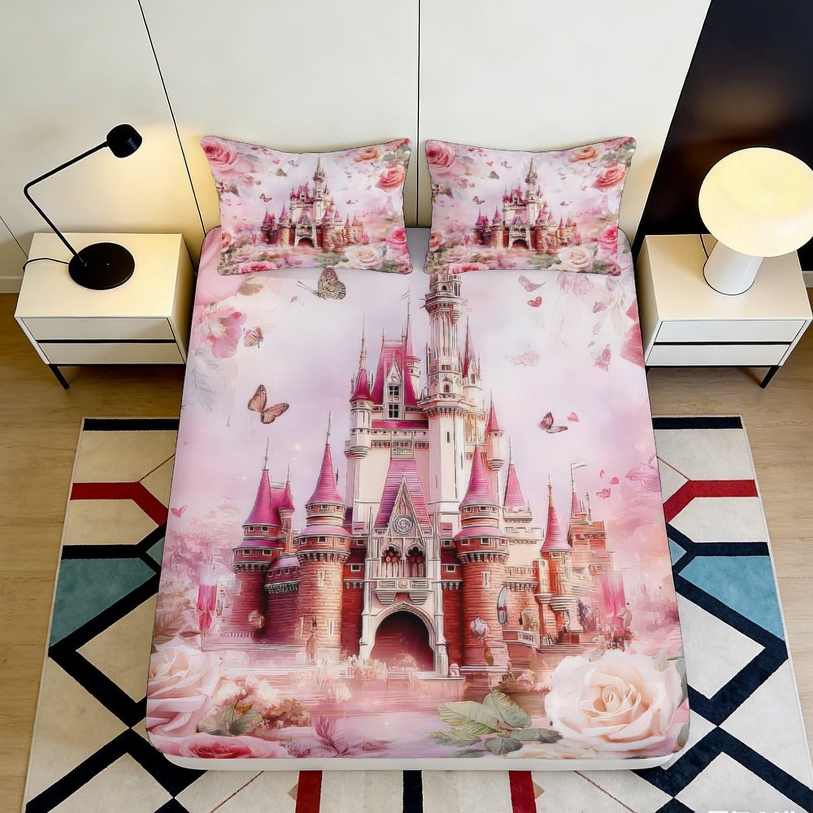 3D Printed castle theme Fitted Sheet, pink Microfiber soft touch, wrinkle resistant, home decor piece, apartment bedding, easy to remove, dustproof, stylish room accent 90x200x25cm