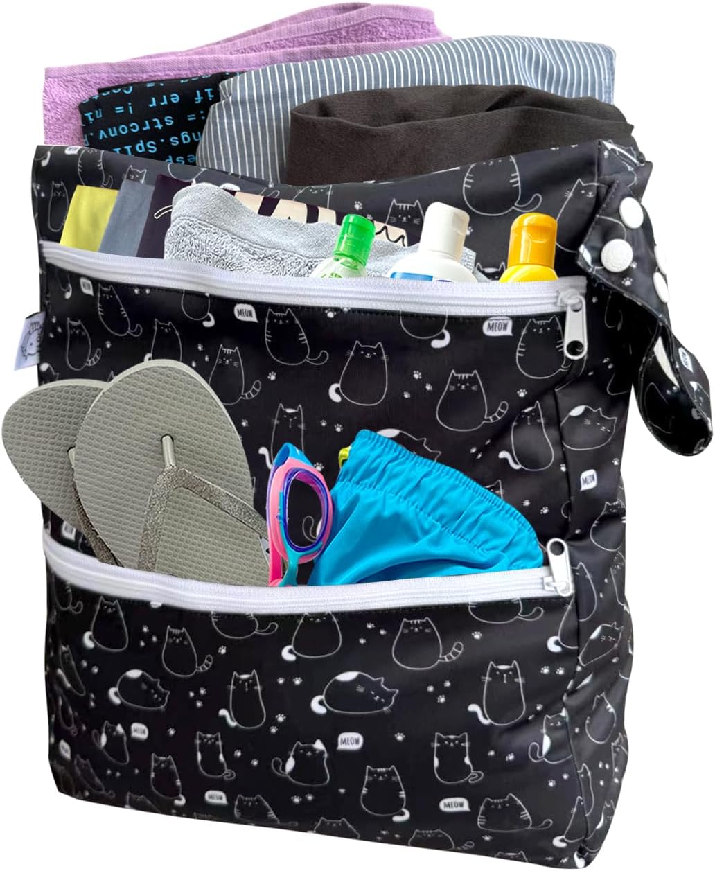 FLOCK THREE 3D Waterproof and Washable Wet Bag Luggage Organiser for Travel storage Stroller Daycare Baby Diapers Yoga Beach Pool Swimsuits Luggage Packing for Travel Accessories (Fat Cats)