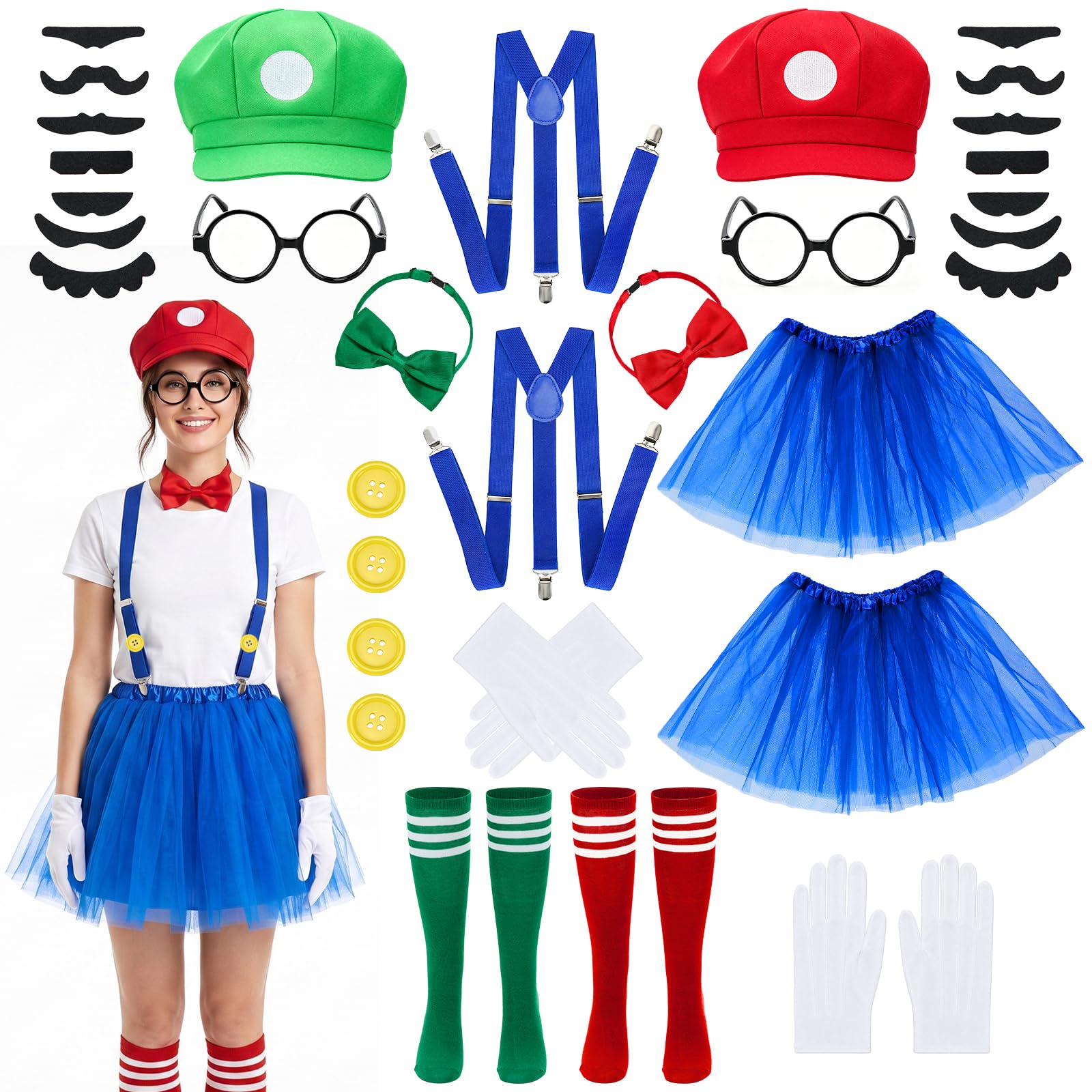 Iyxeo 2 Sets Fancy Dress Costume Kit, Party Accessories Bundle, 26Pcs Novelty Dress Up Set with Tutu Skirt, Hat, Bow Tie, Socks, Glasses, Gloves & Fake Moustaches for Halloween Carnival Group Cosplay