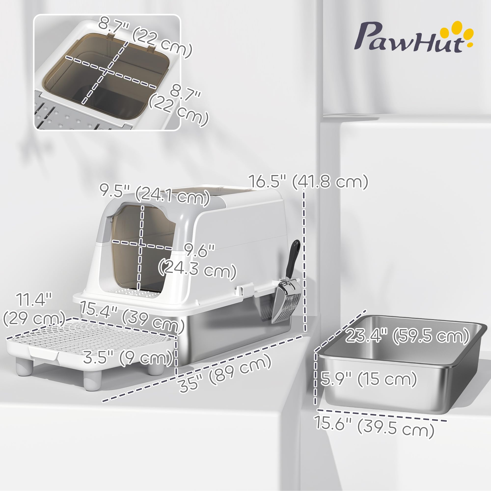 PawHut Stainless Steel Litter Box, Extra Large Enclosed Cat Litter Box with Front-Entry and Top-Exit, Scoop, Deodorizer Bag, Sand Drop Pedal, Anti-Urine Leakage, Non-Sticky and Easy to Clean - image 7