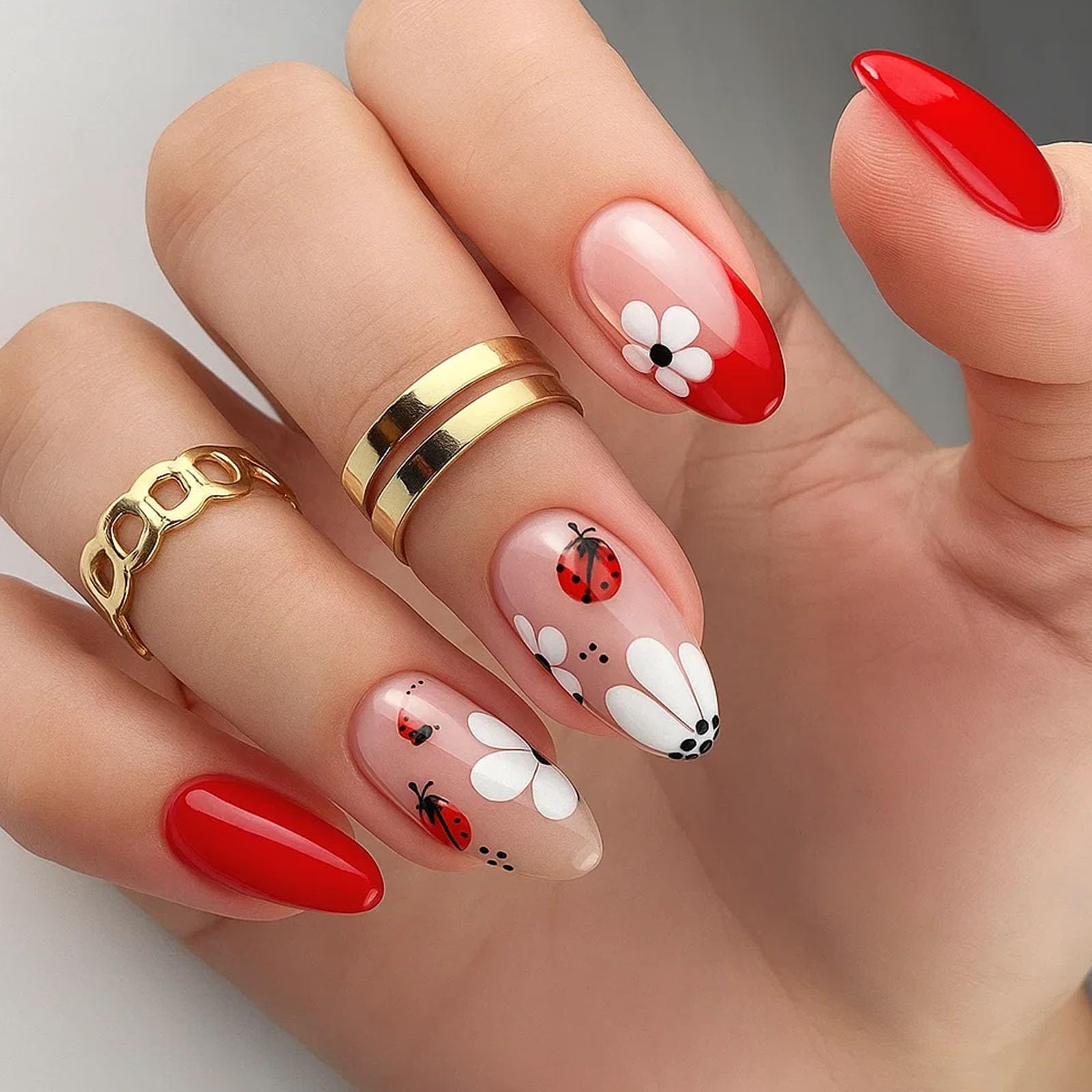 Red Glossy Almond Press On Nails Set including Ladybug Floral Art Design